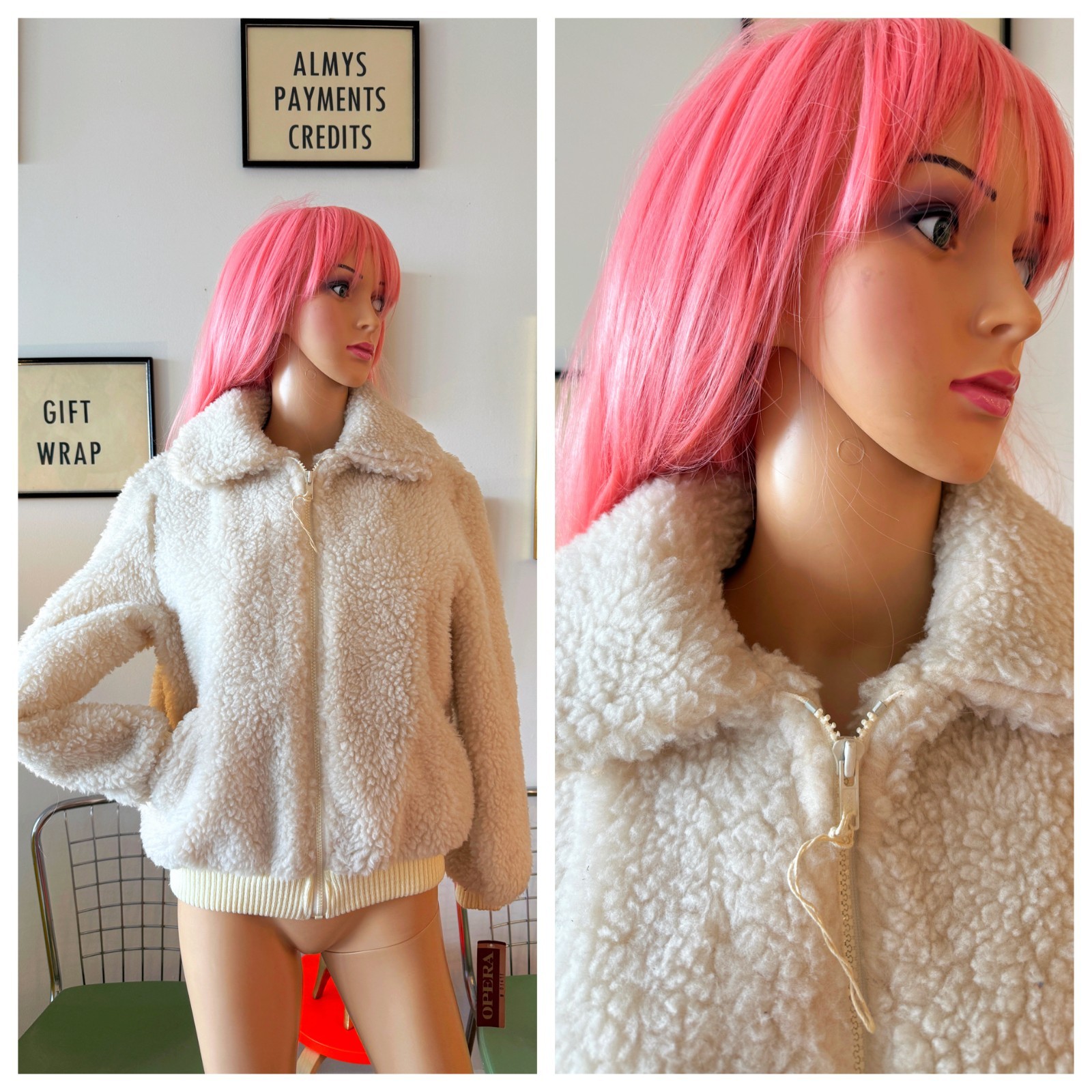 ❄️ Vtg 80s Teddy Sherpa Faux Shearling Bomber Ivory Fuzy Cropped Opera NWT NOS M