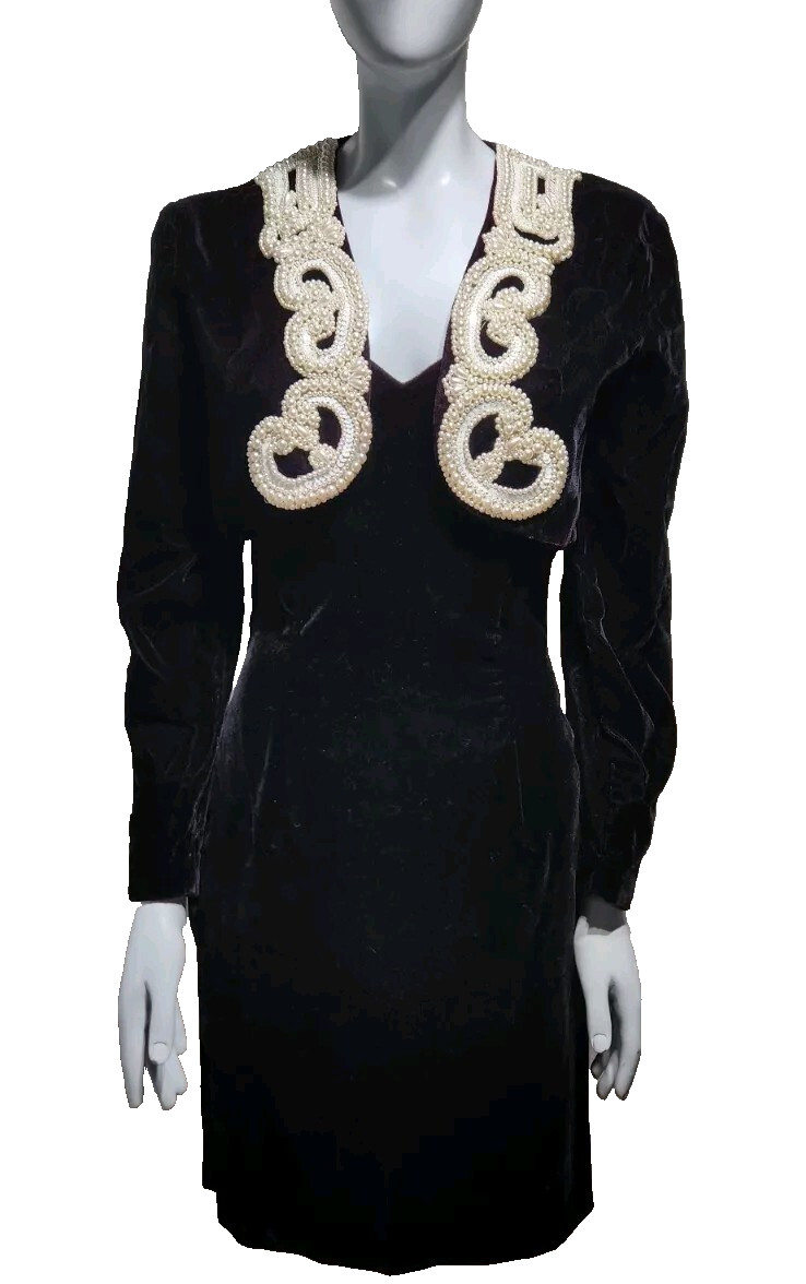 Formal Holiday Party Dress Velvet Beaded Burgundy Med 6 McClintock Old Money