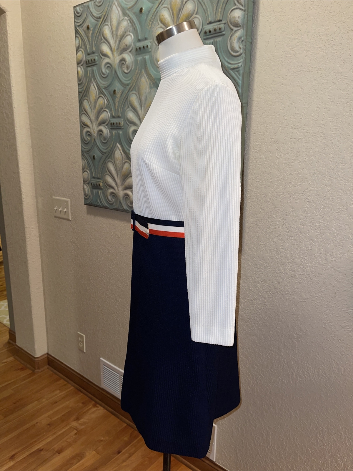 Vintage 60s Bleeker Street Mod Go Go Belted Colorblock Dress S/M USA Ivory Navy