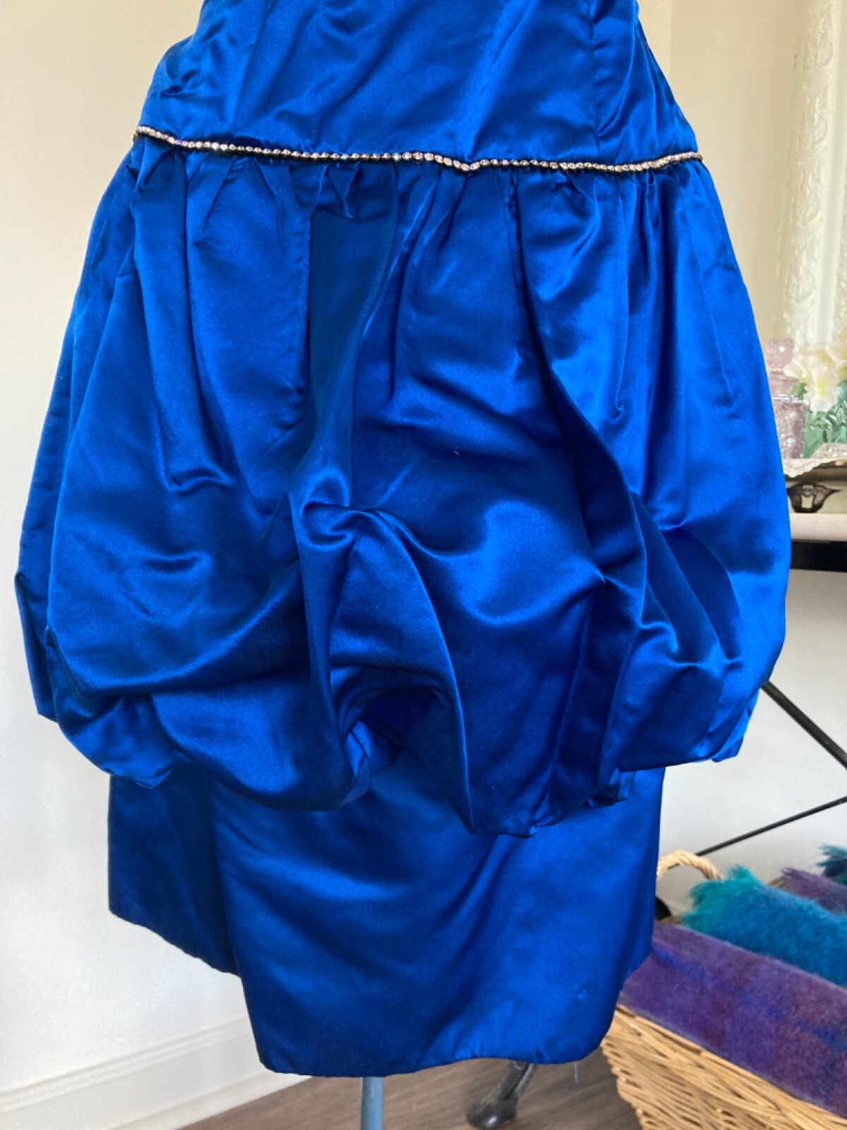 Vintage CACHE Peacock Blue Silk Bubble COCKTAIL Dress Rhinestones Strapless 36