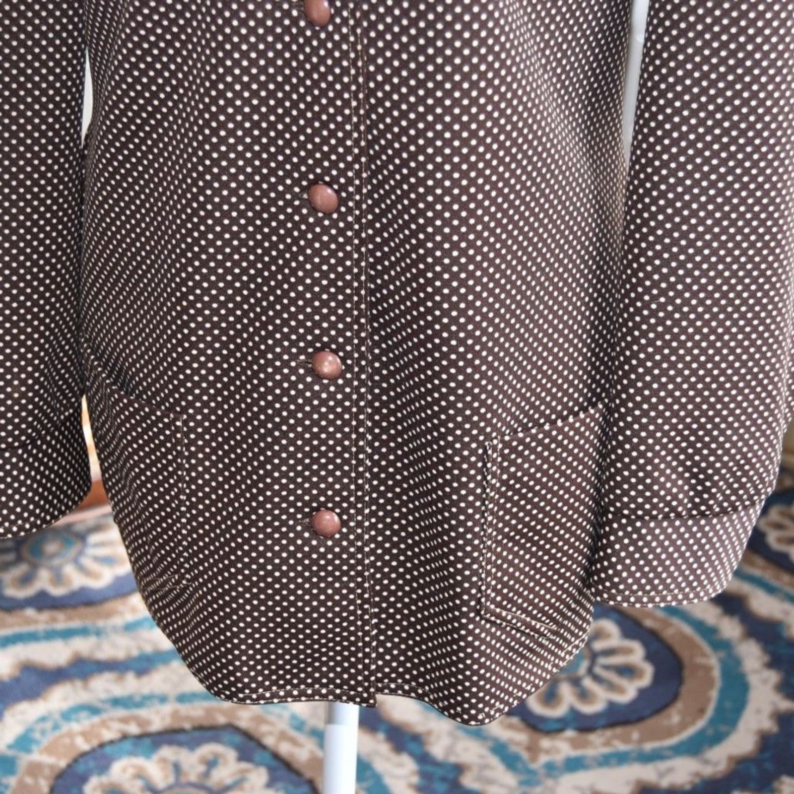 Vintage 70s Three Flags Brown Polka Dot Button Front Shirt Jacket Blouse Medium