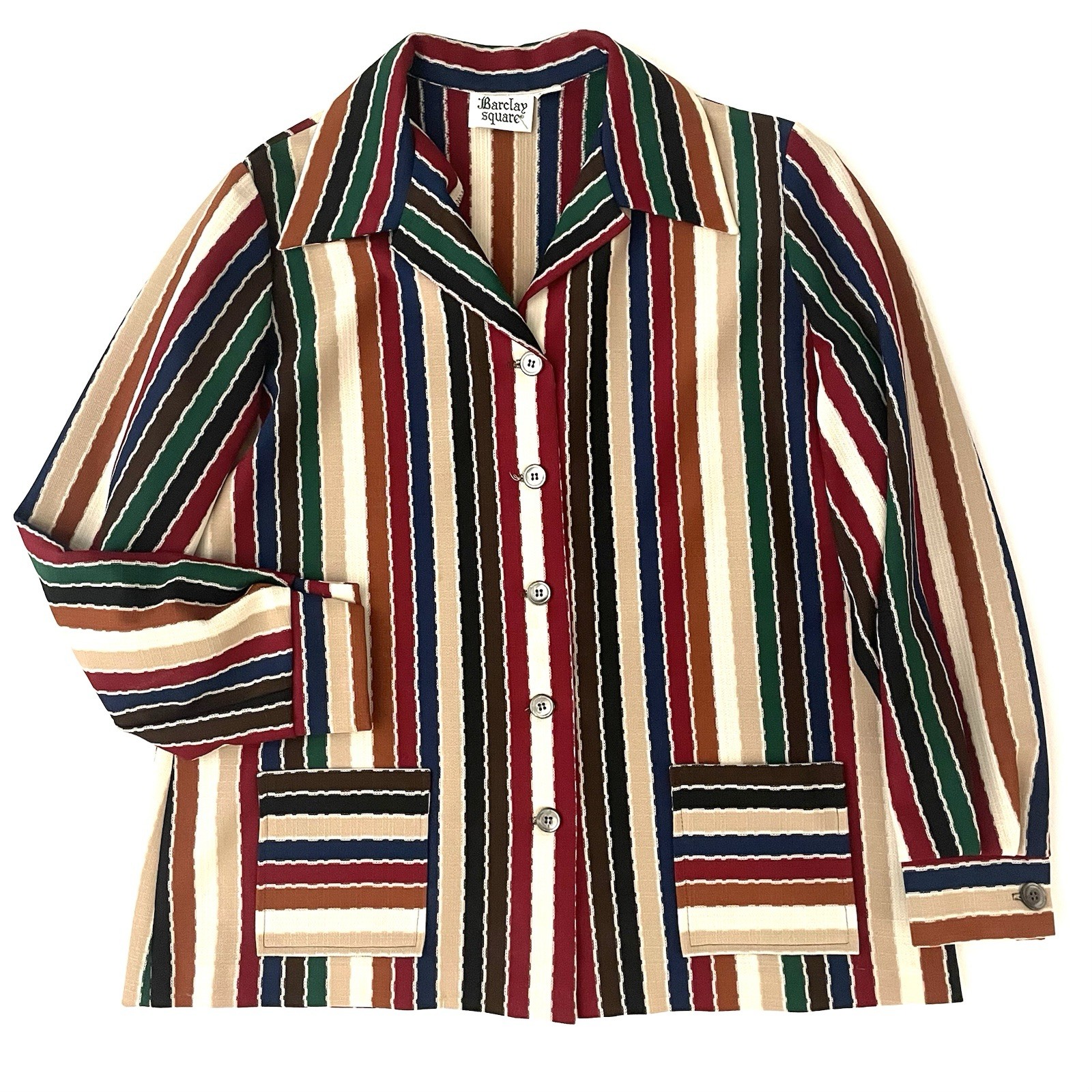 Retro Mod 70s Barclay Square Bold Textured Shirt Jacket, Rainbow Stripe, L/XL