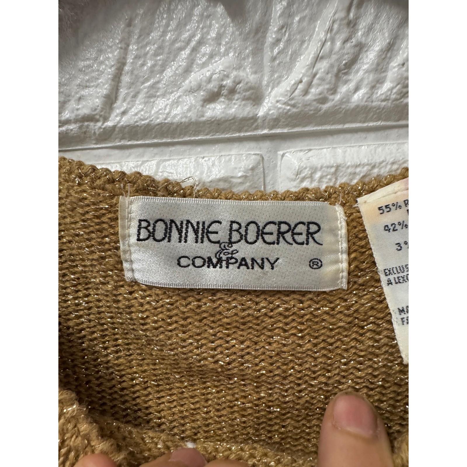 Vintage 1986 Bonnie Boerer Geisha Embroidered Knit Sweater Metallic Tan Cream S