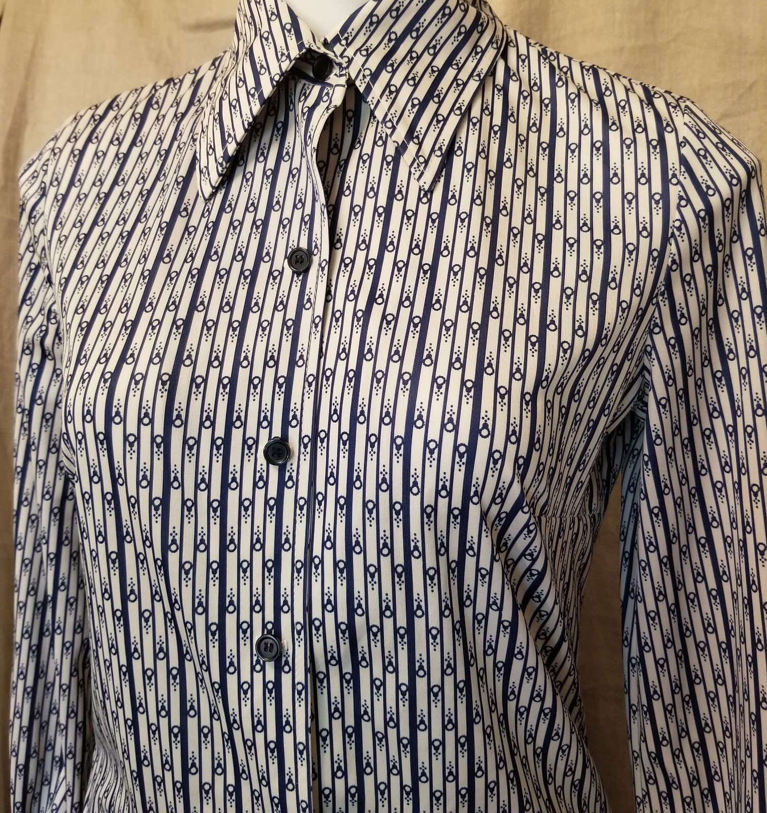 Vintage Navy Blue Female Gender Symbol Pattern Top Blouse Button Front Shirt M