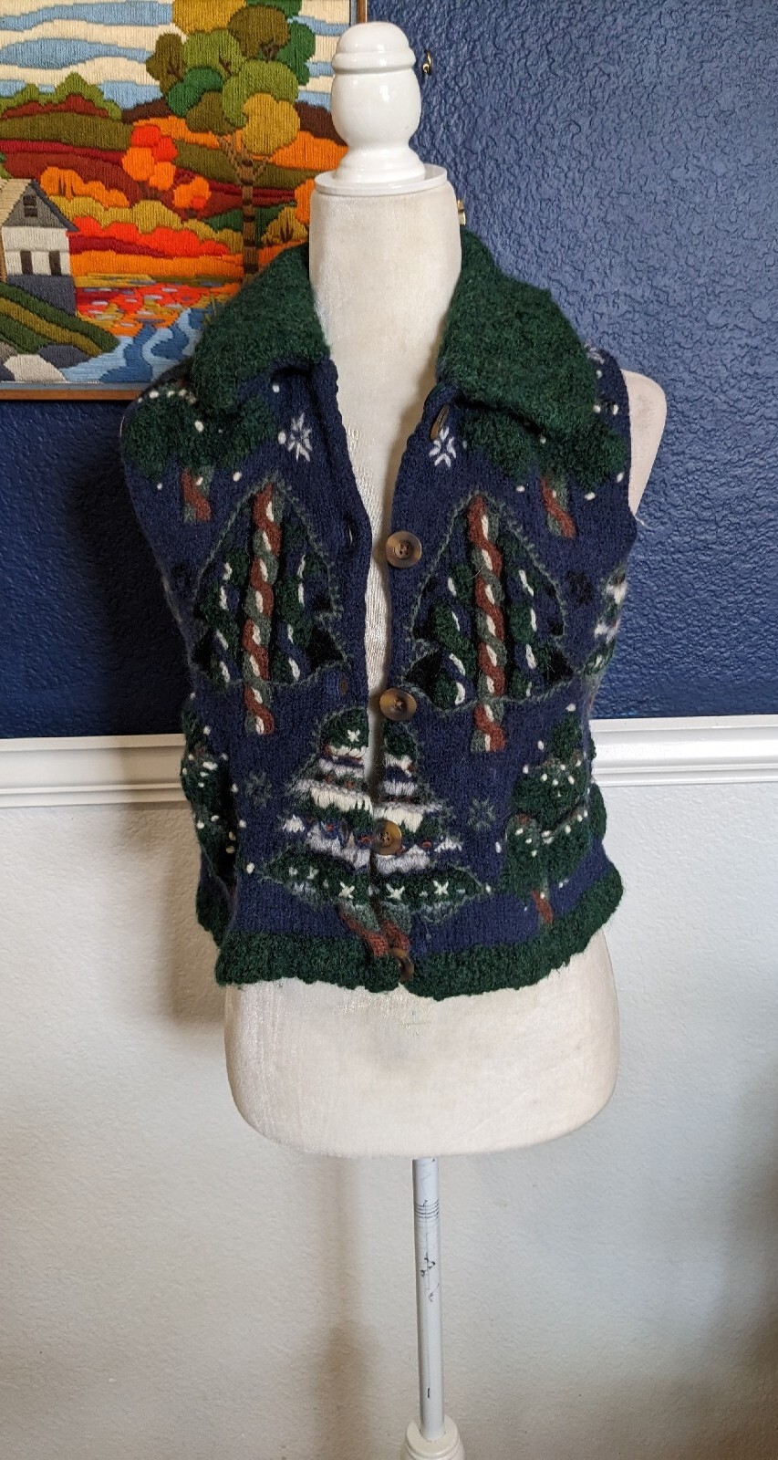 VTG BellePointe Navy Blue Christmas Tree Ugly Christmas Vest Green Sz Medium M