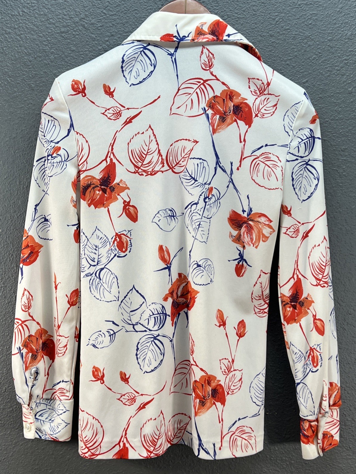 70s Vintage Floral Rose Button Up Blouse Retro Disco Mod Red White Top Dagger