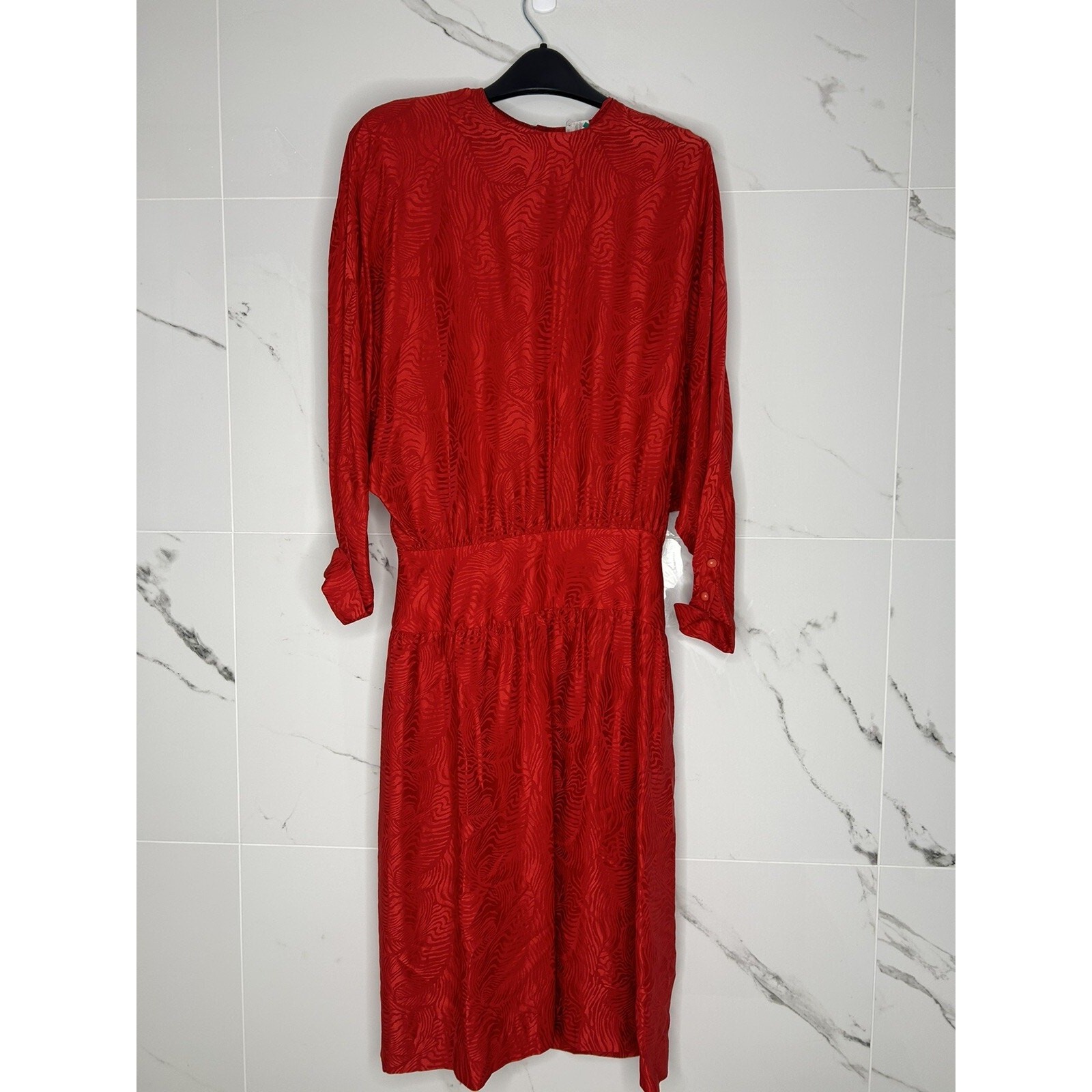Vtg 80S SILK Jerri Sherman Midi Dress 12/L Red Jacquard Drop Waist Holidays