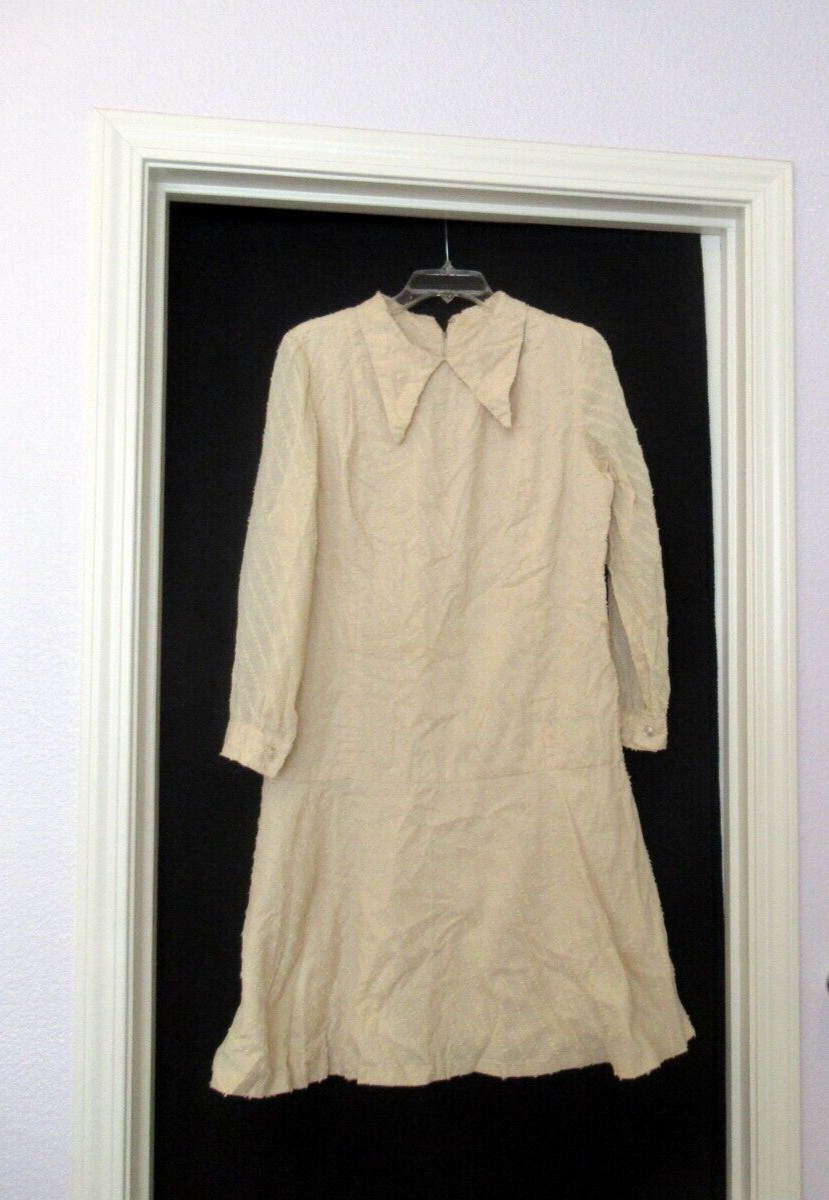 Yellow dropped waist dress, butterfly collar, sz. M 36″ chest, c. 1970s