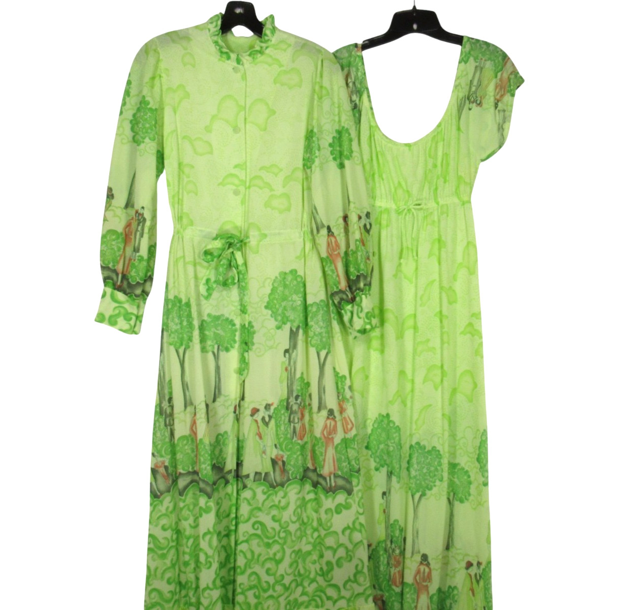 VTG Nylon GREEN TOILE Button-Up/Tie RUFFLE HEM Lounge ROBE/NIGHTGOWN SET Sz XS