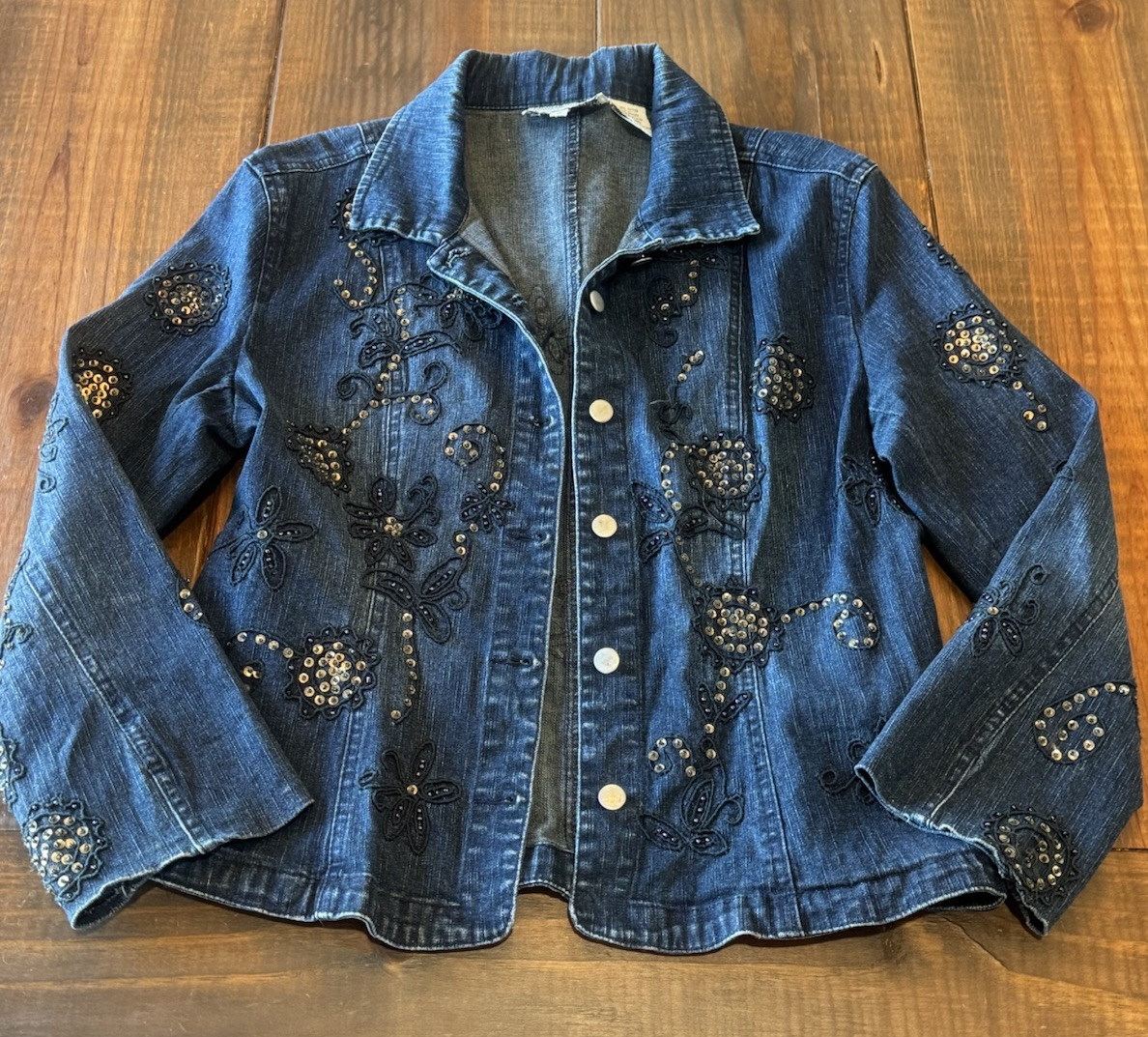 VTG Flashback jacket blue denim beaded sequin button jean pockets Medium