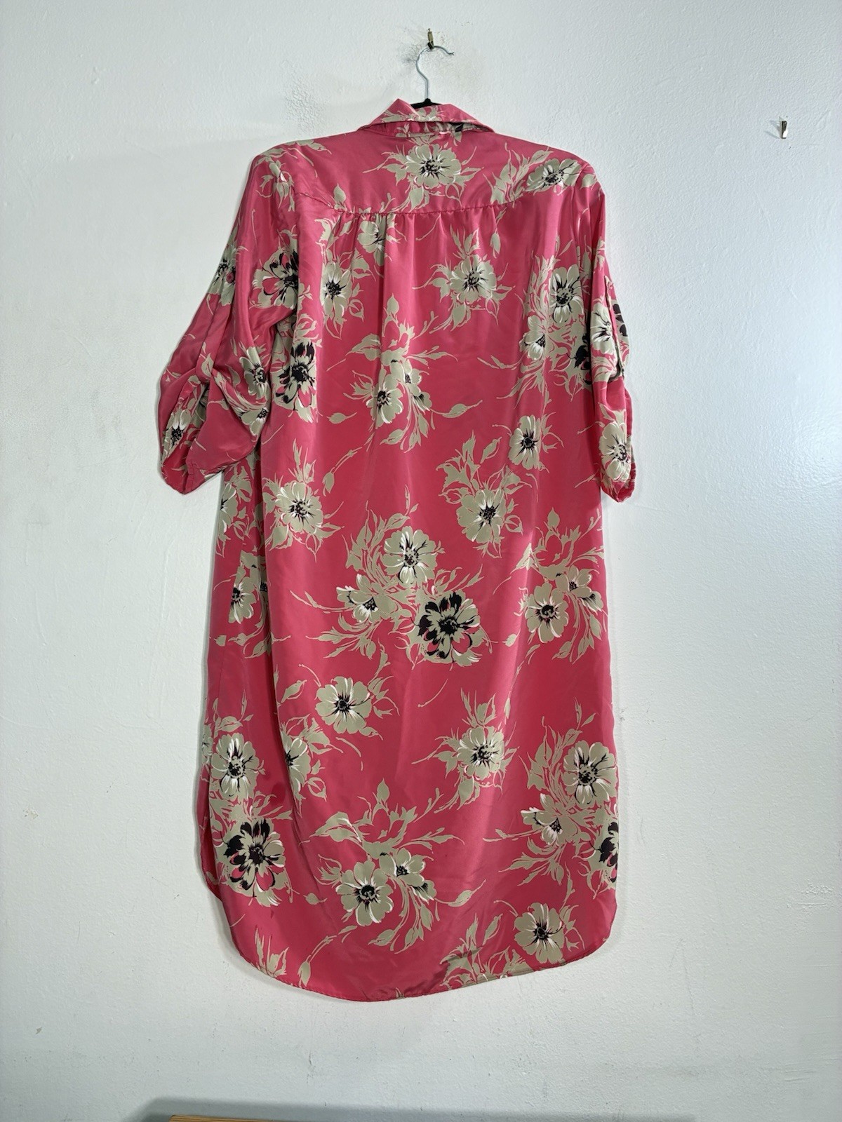 Vintage Silky Shirt Dress Size 14 Pink Floral Roll Tab Sleeves Made In Britain