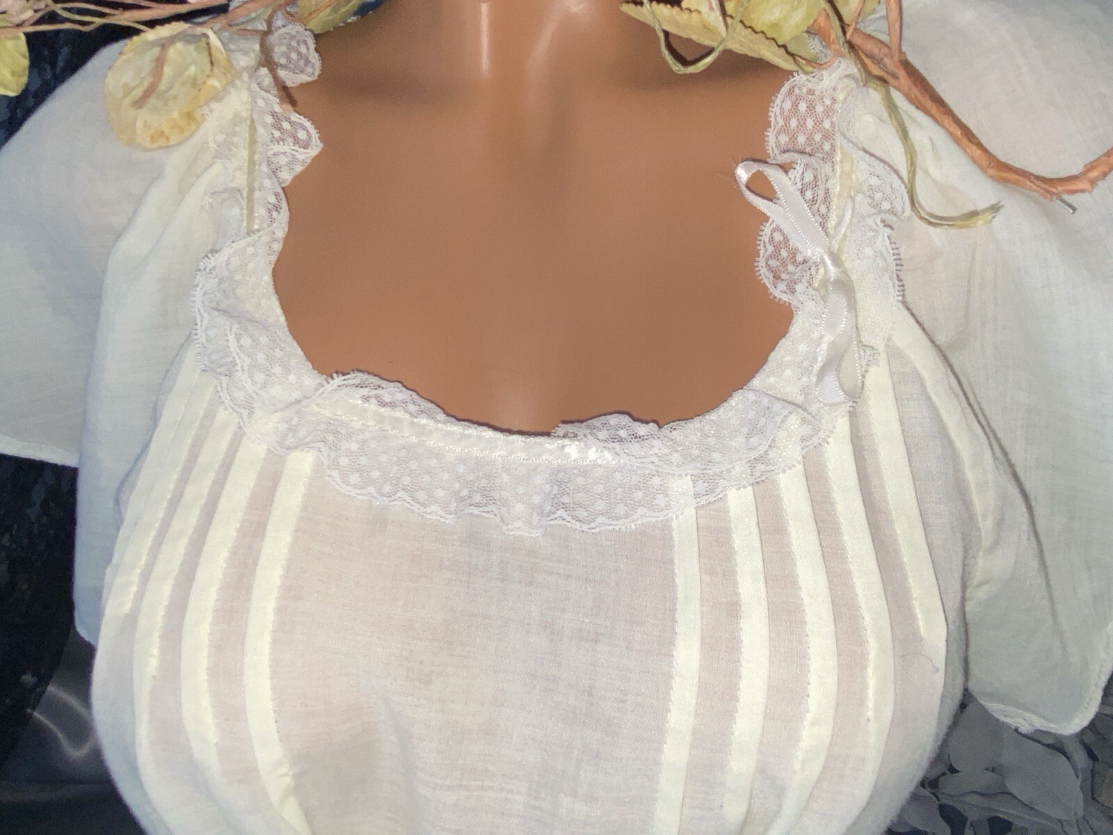 VTG GAUZE PINTUCK Charlieann FLUTTER SLV LACY NIGHTGOWN DAY SUN DRESS GOWN