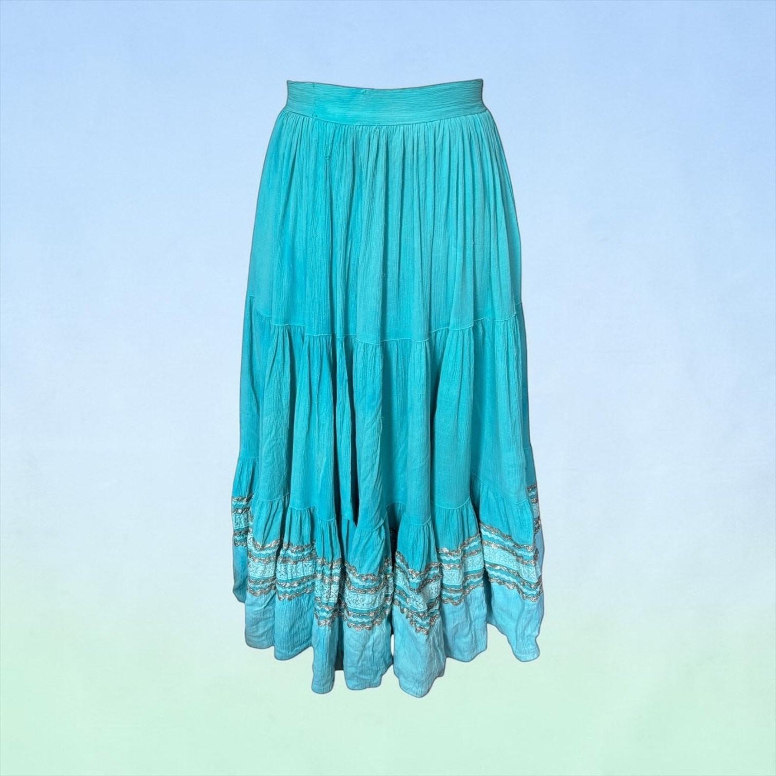 1950s Turquoise Patio Skirt Full Sweep Silver Rickrack Western Fiesta
