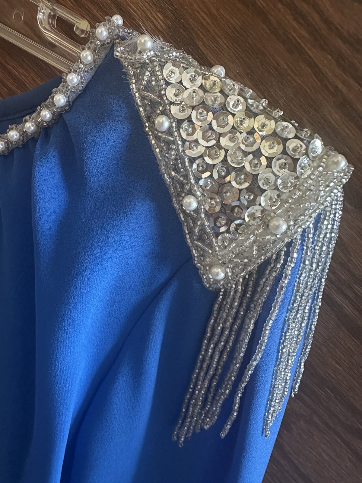 1990 MISS ELLIETTE Maxi Dress●Vtg●Pearls & Beads●Long Sleeve●Blue●Sz 14●Elegant
