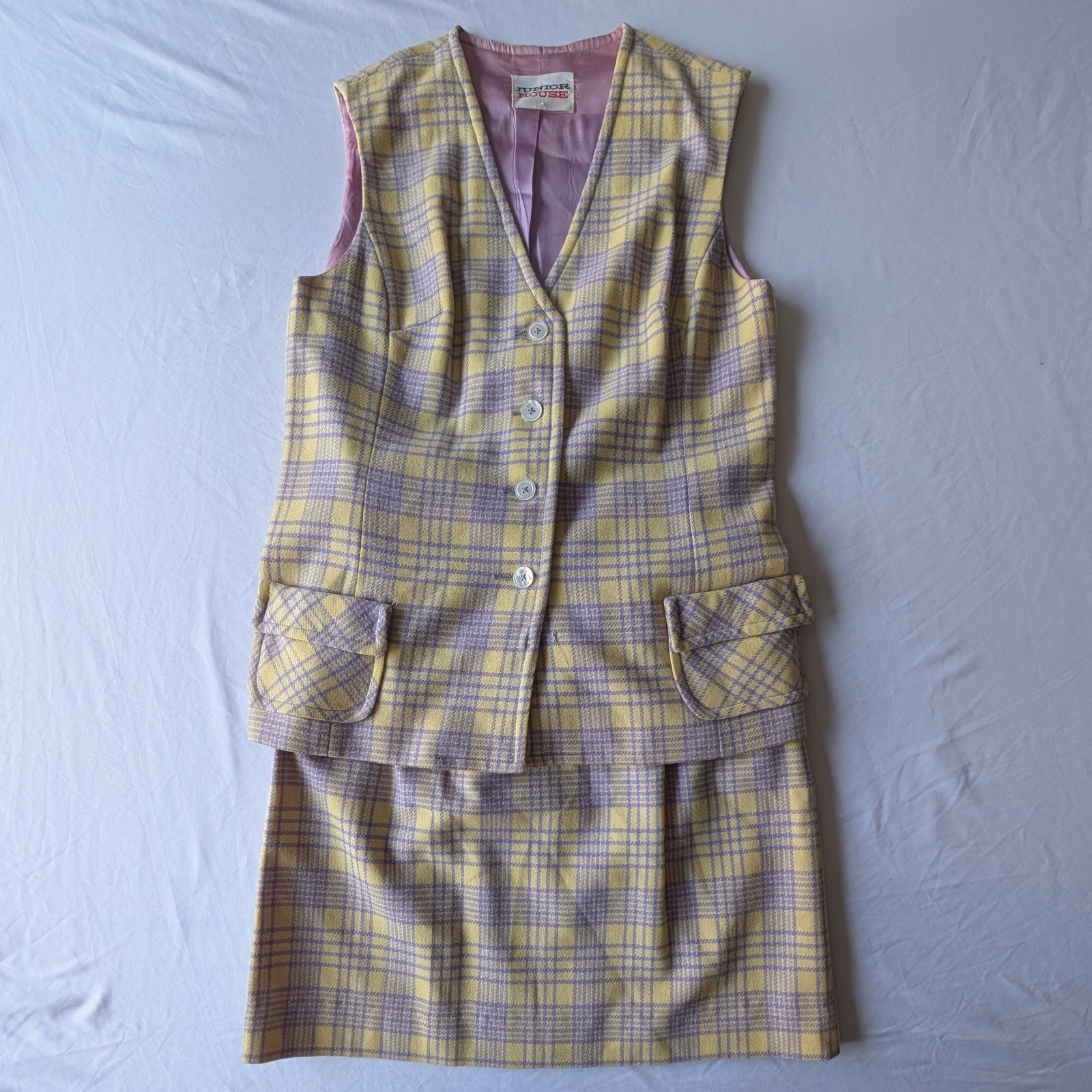 1960s vintage Junior House Plaid Top & Skirt Set Yellow Purple Juniors