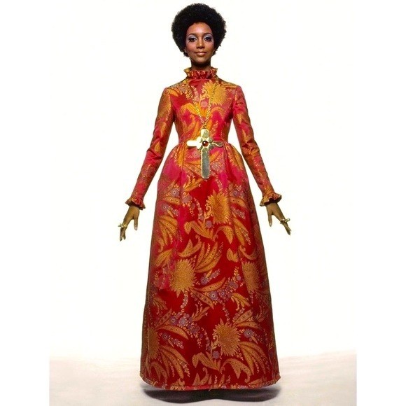 Mollie Parnis Vintage 60s Gown Red Gold Brocade Maxi Dress Small Ruffle Neck