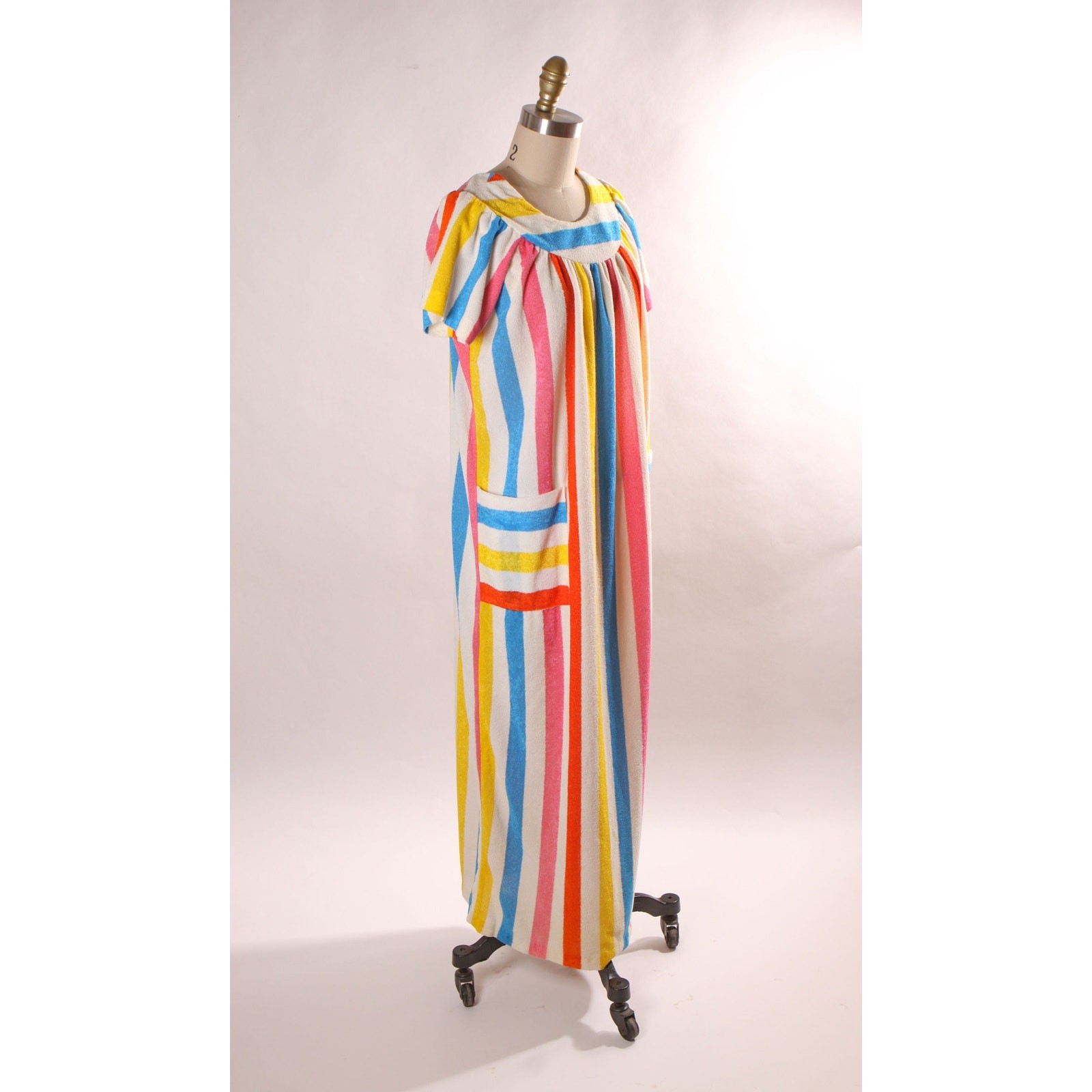 1970s White and Rainbow Striped Short Sleeve Pocketed Ankle Length Dress-S