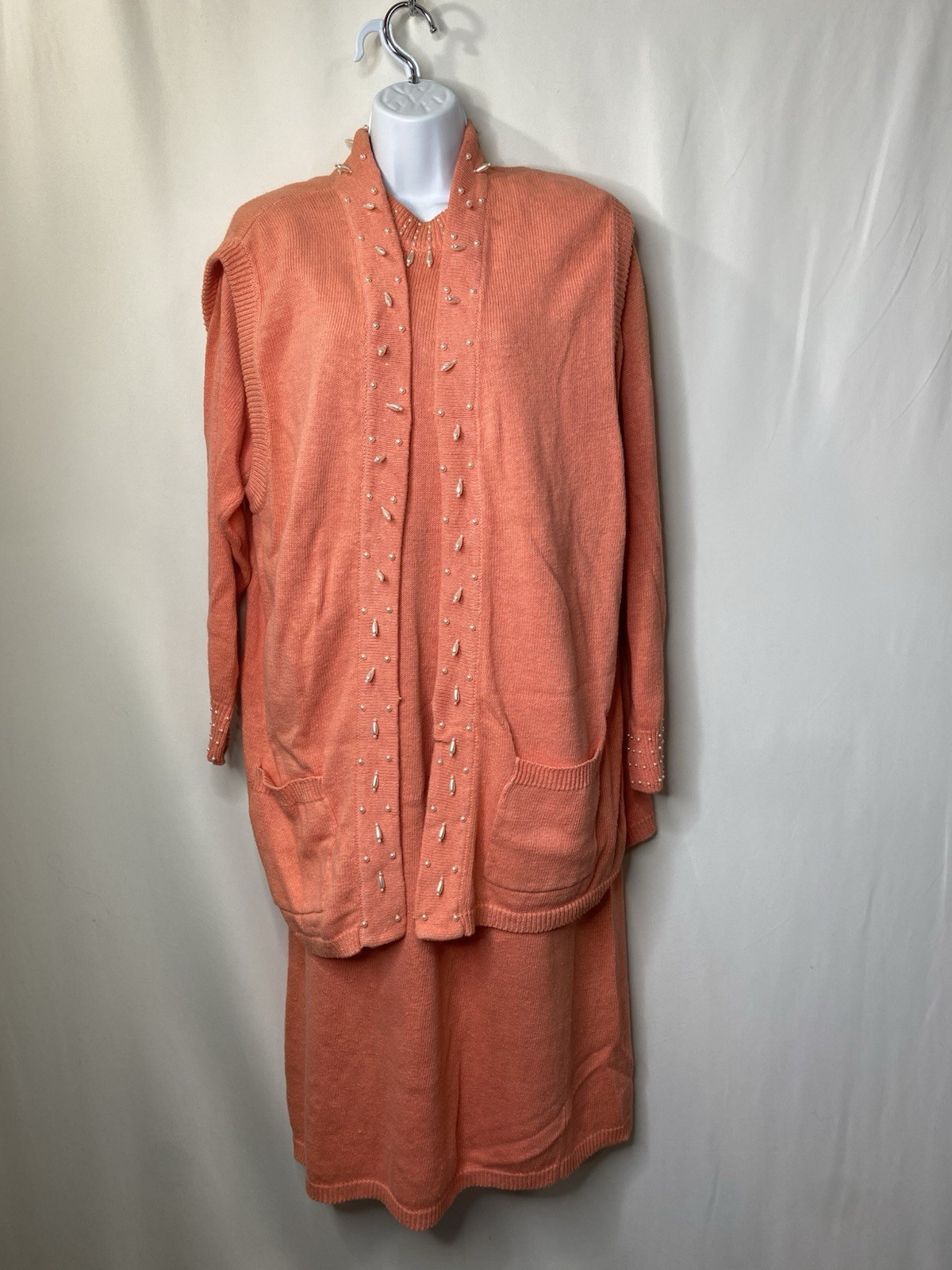 Vintage 80s Cervelle Beaded Easter Sweater Dress With Vest Size Large Peach Warm