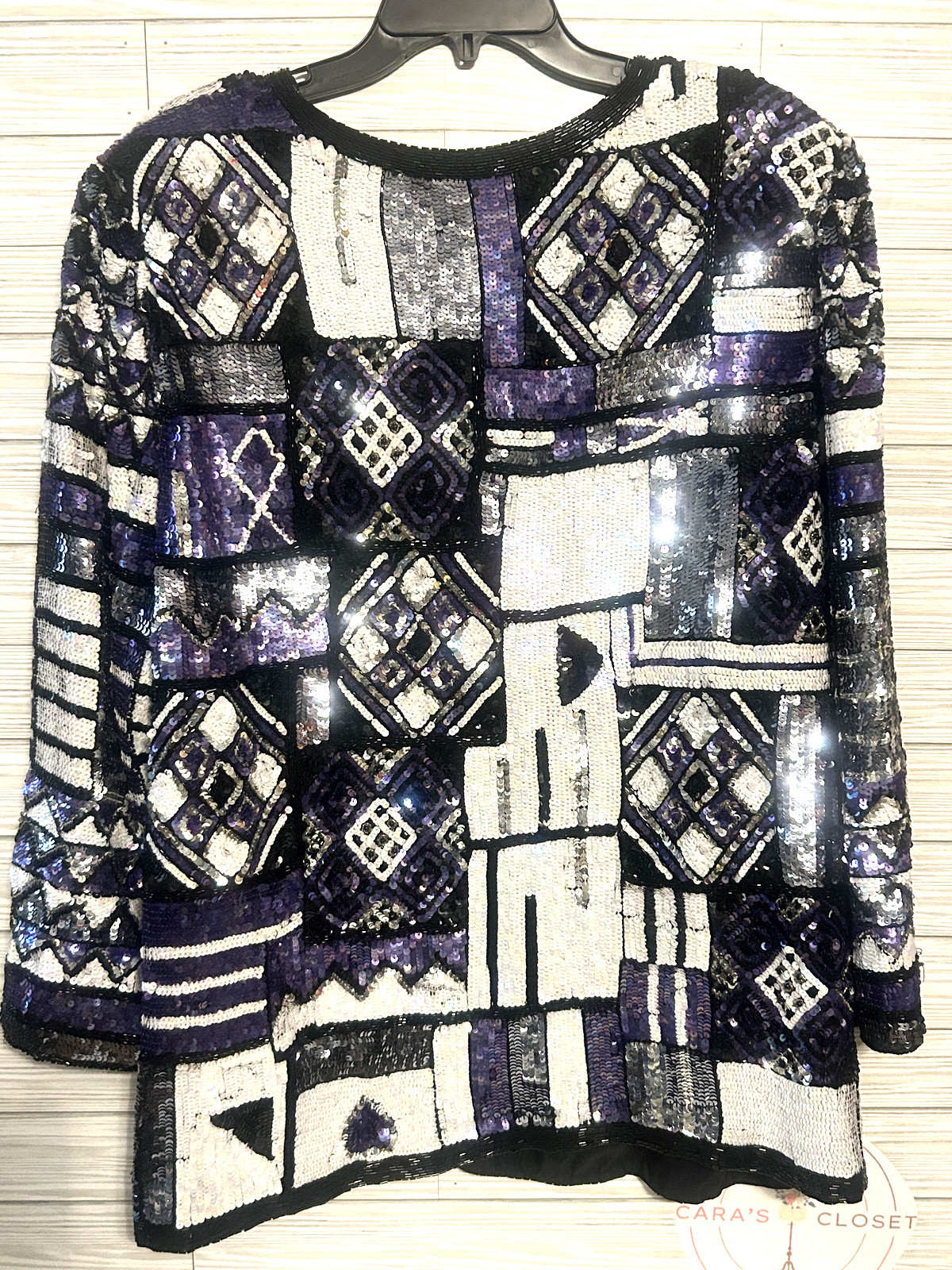 Carina Black Purple White Beaded On 100% Silk Jacket Formal Vintage 90s Medium