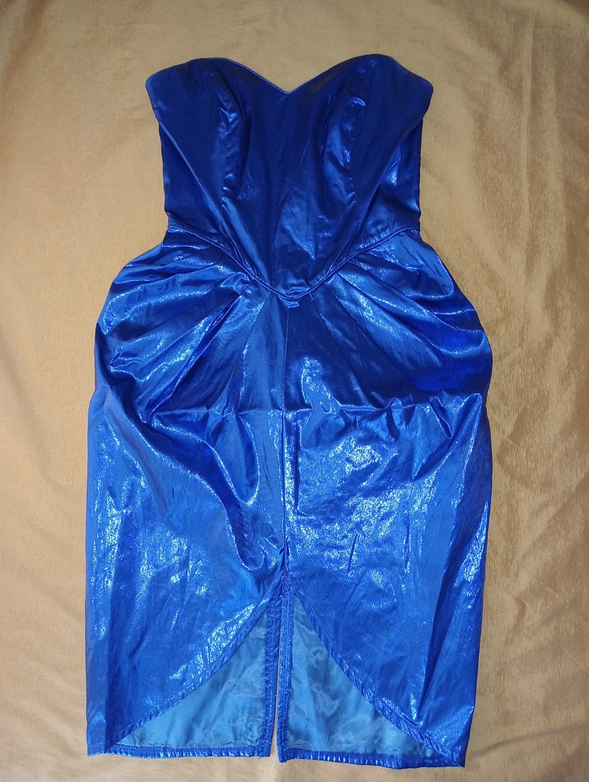 Vtg 80s Couture L.A. GLO dress metallic blue strapless bodycon peplum boning