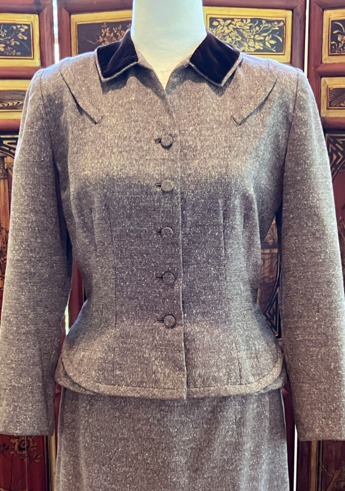 1940s Littler of Seattle Designer Tweed Suit Jacket & Skirt Brown Velvet Collar
