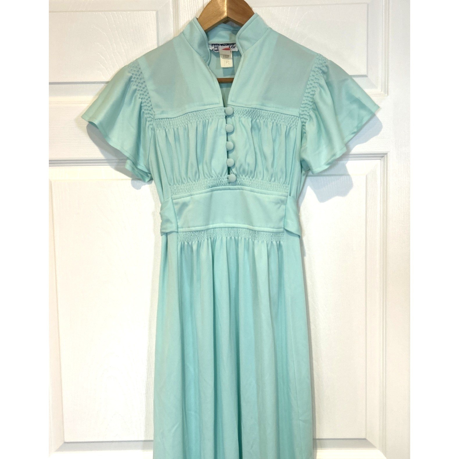 Vtg Trolley Car Maxi Dress Womens Size 7 Mint Green 70s Flutter Sleeve Smocked