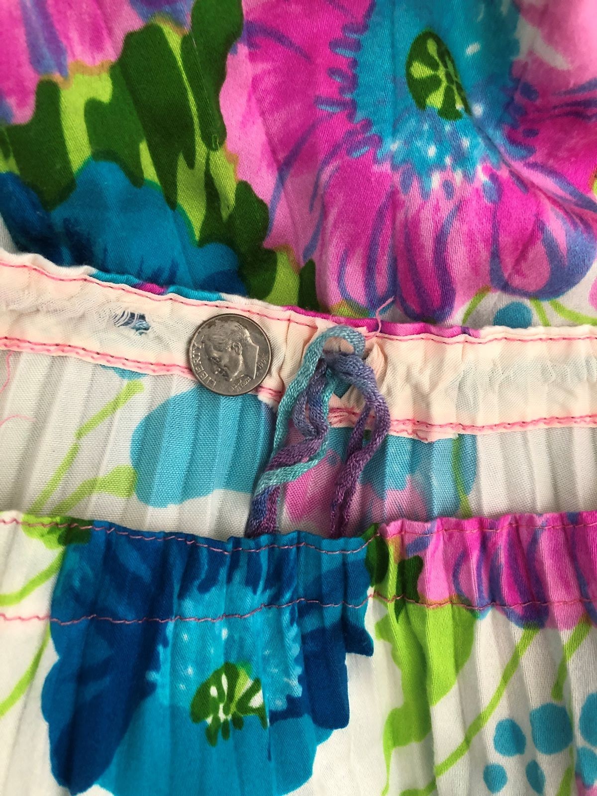 Vintage 70s Neon Floral Caftan Tunic Accordion Pleat Size S-M