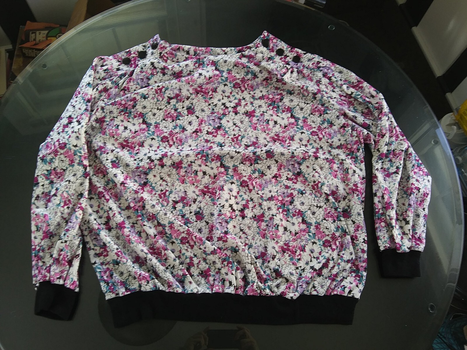 VTG 80s USA made Women Plus Size Top 24W 26W Purple Flowers Long Sleeve
