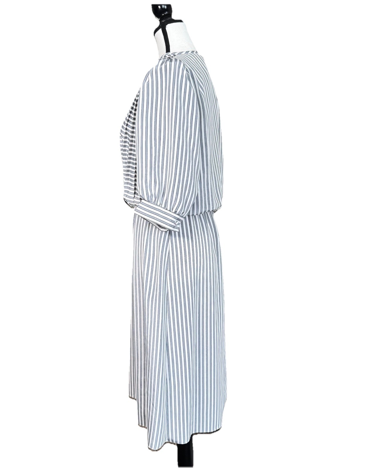 Monica Richards Vintage 80 Pinstripe White Gray Midi Dress 10P Pleated Secretary
