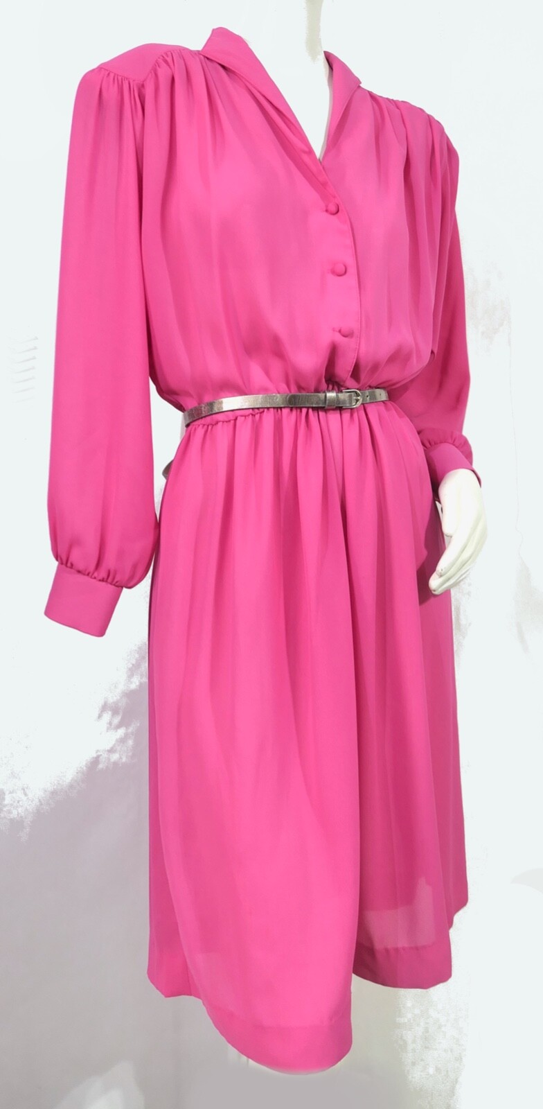 Vtg 70s 80s Willi Calif Vivid Pink Sheer A Line Dolman Bishop Shirt Dress M