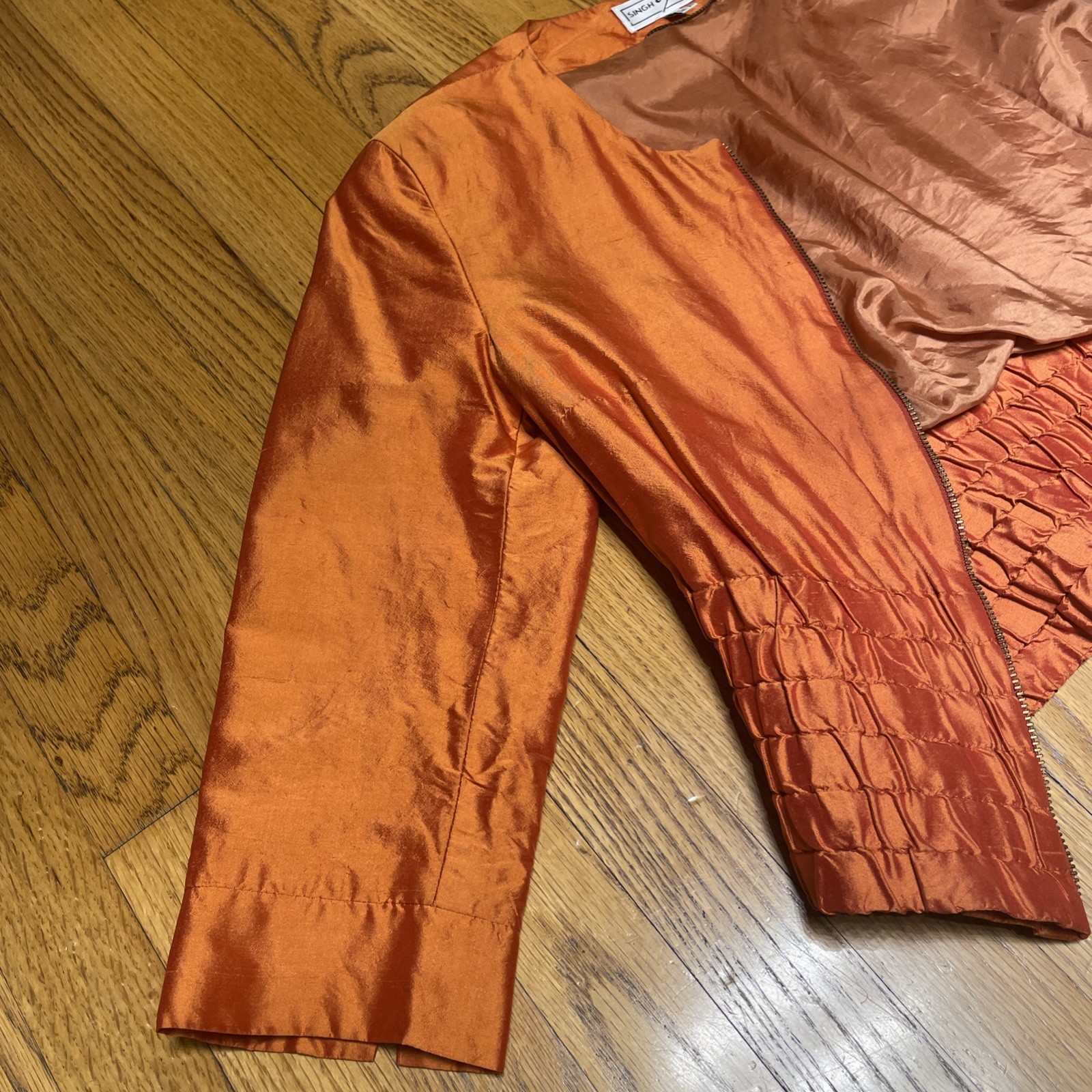 Vintage Singh S. Madan Silk Bronze Orange 100% Silk Bomber Jacket US 4 Small
