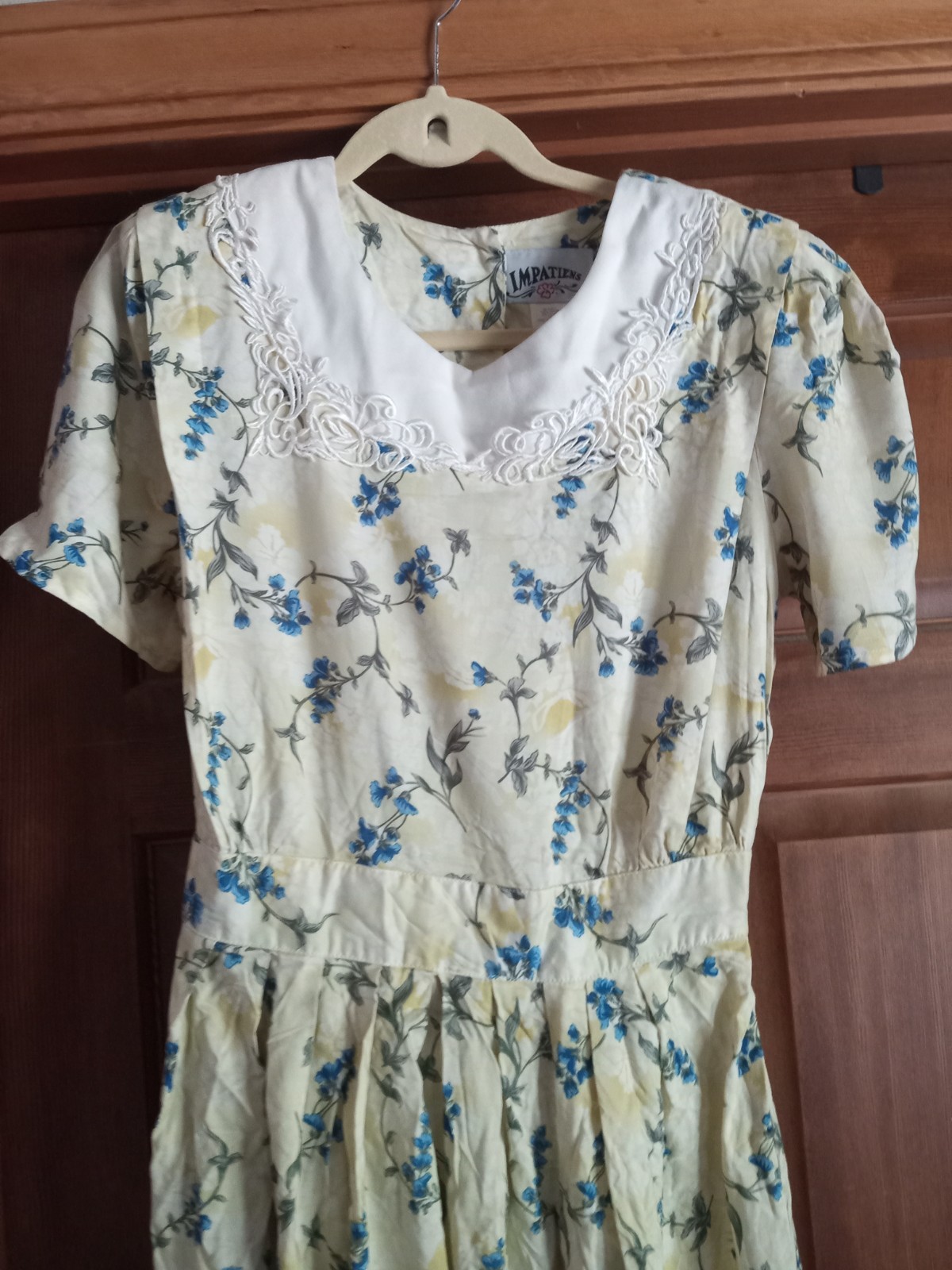 Vtg Yellow/Blue Floral Midi Sun Dress Size 12 1980s Lace Collar Cottagecore