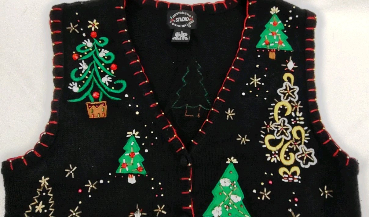Vtg Designers Originals Studio Joy Women Christmas Knit Vest Trees Embellished