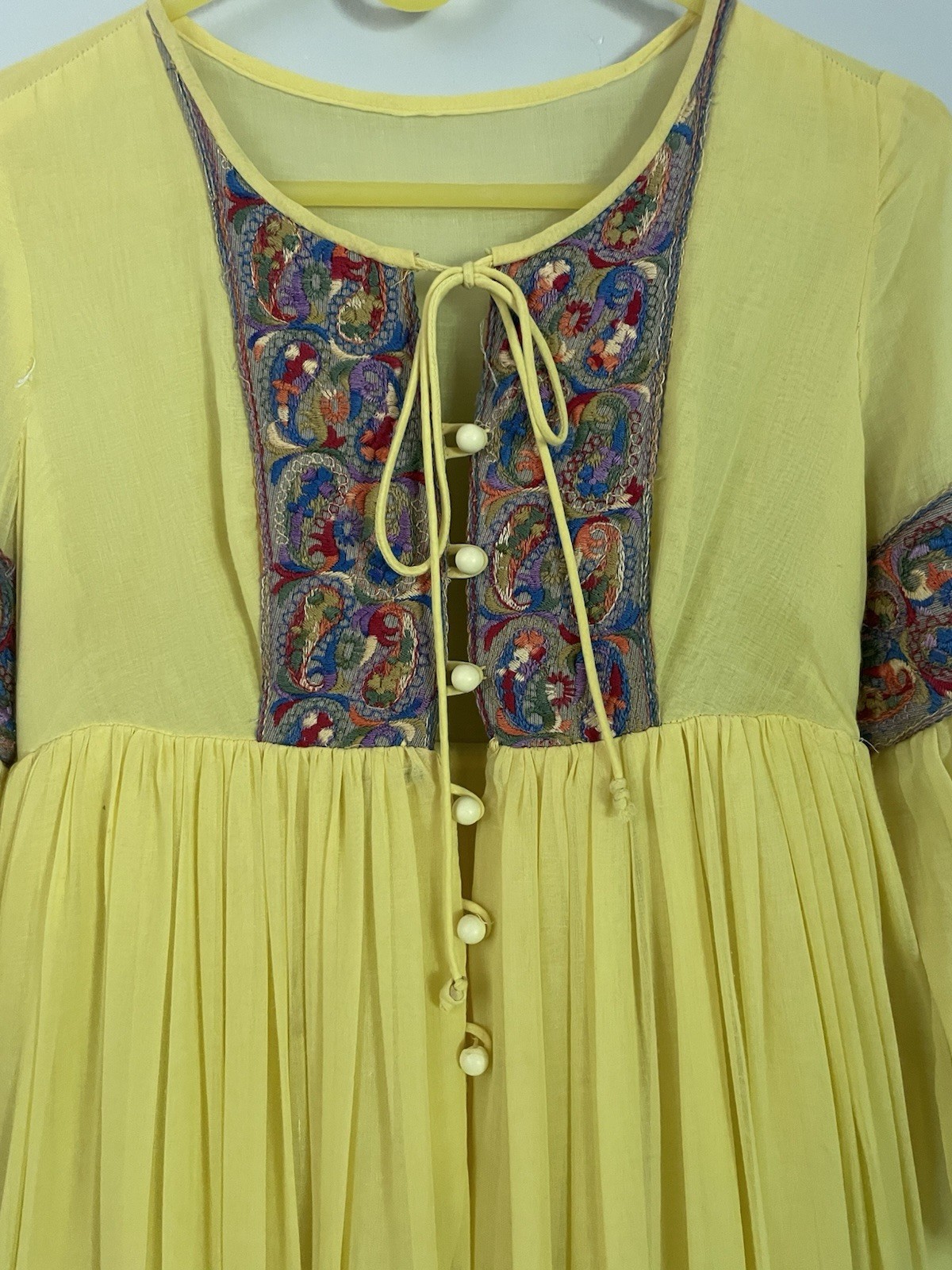 Vintage 70s Beverly Paige Yellow Cotton Gauze Boho Maxi Dress Embroidered Hippie