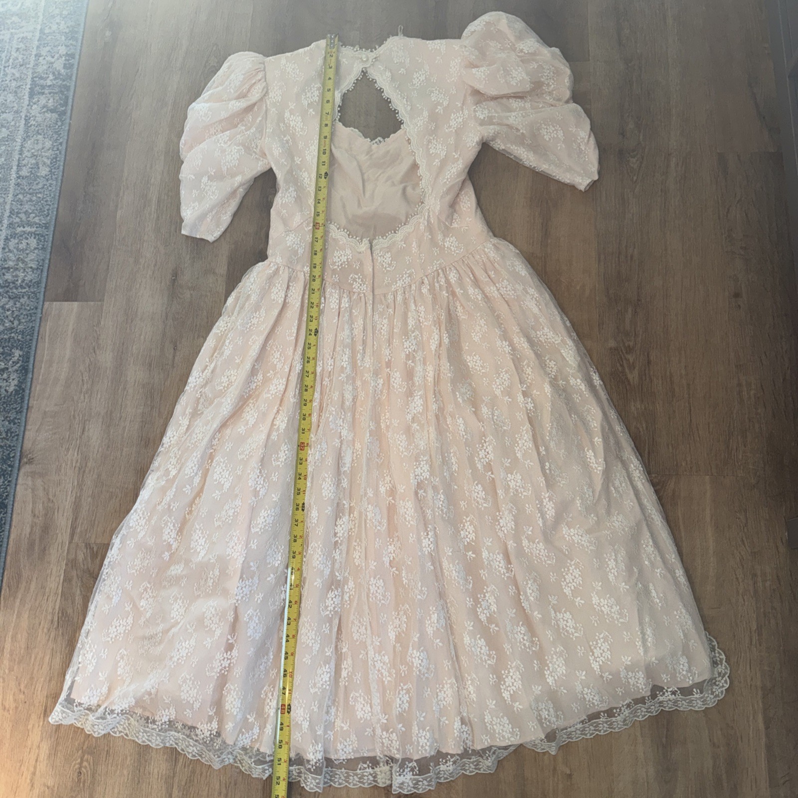 Vintage McCLINTOCK Peach Tea Dress Lace Floral Size 14 Cap Sleeve Open Back