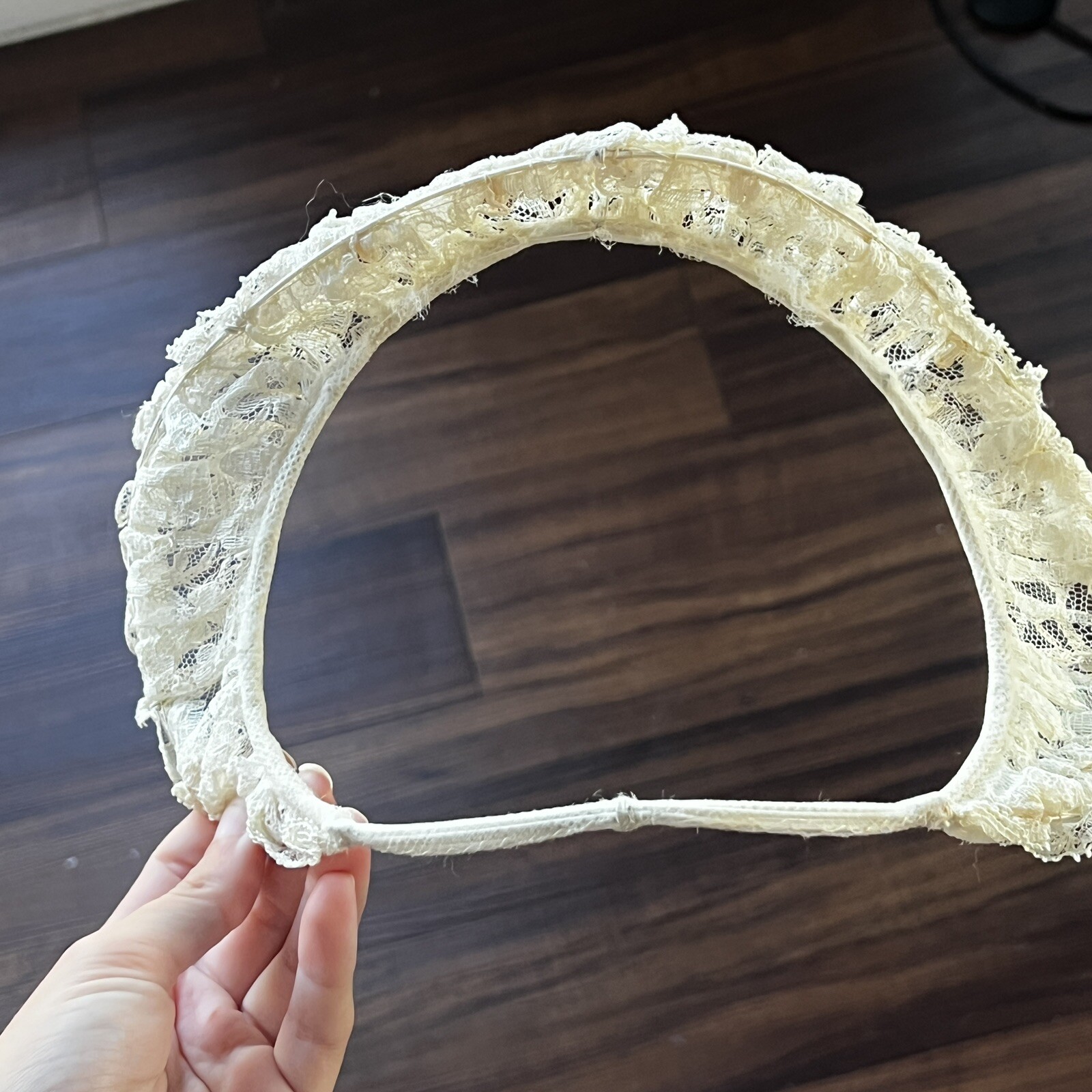Vintage 1940s Ecru Lace + Pearl Bridal Halo Art Deco Headpiece Crescent Crown