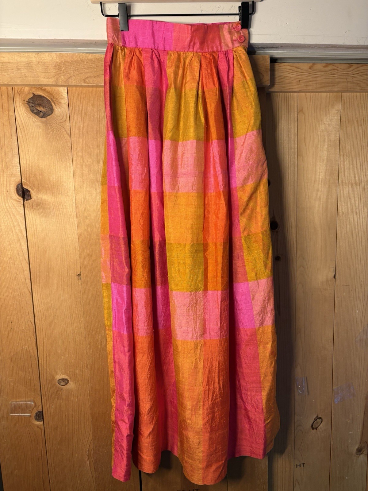 1970s vivid orange and pink plaid maxi skirt Waist 23” 3XS-2XS RETRO MAGIC