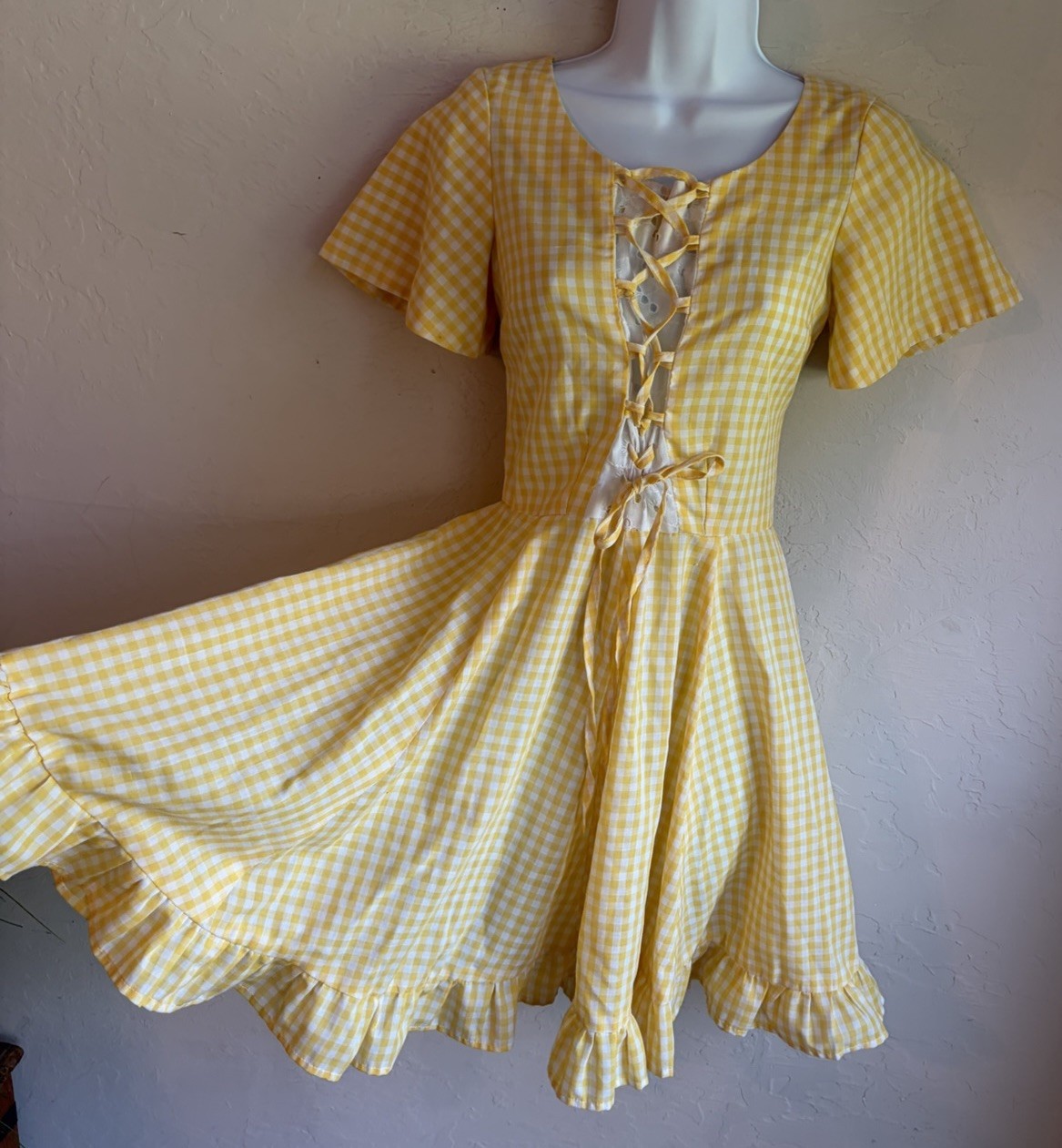 Vintage 60s 70s Handmade Gingham Ruffle Lace Up Dress S Prairie Yellow Milkmaid