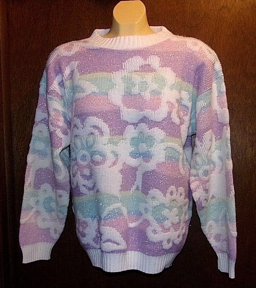 Vtg Fairy Kei SPARKLE Sweater One Size Petite Flower Stripe PASTEL Colors Kawaii