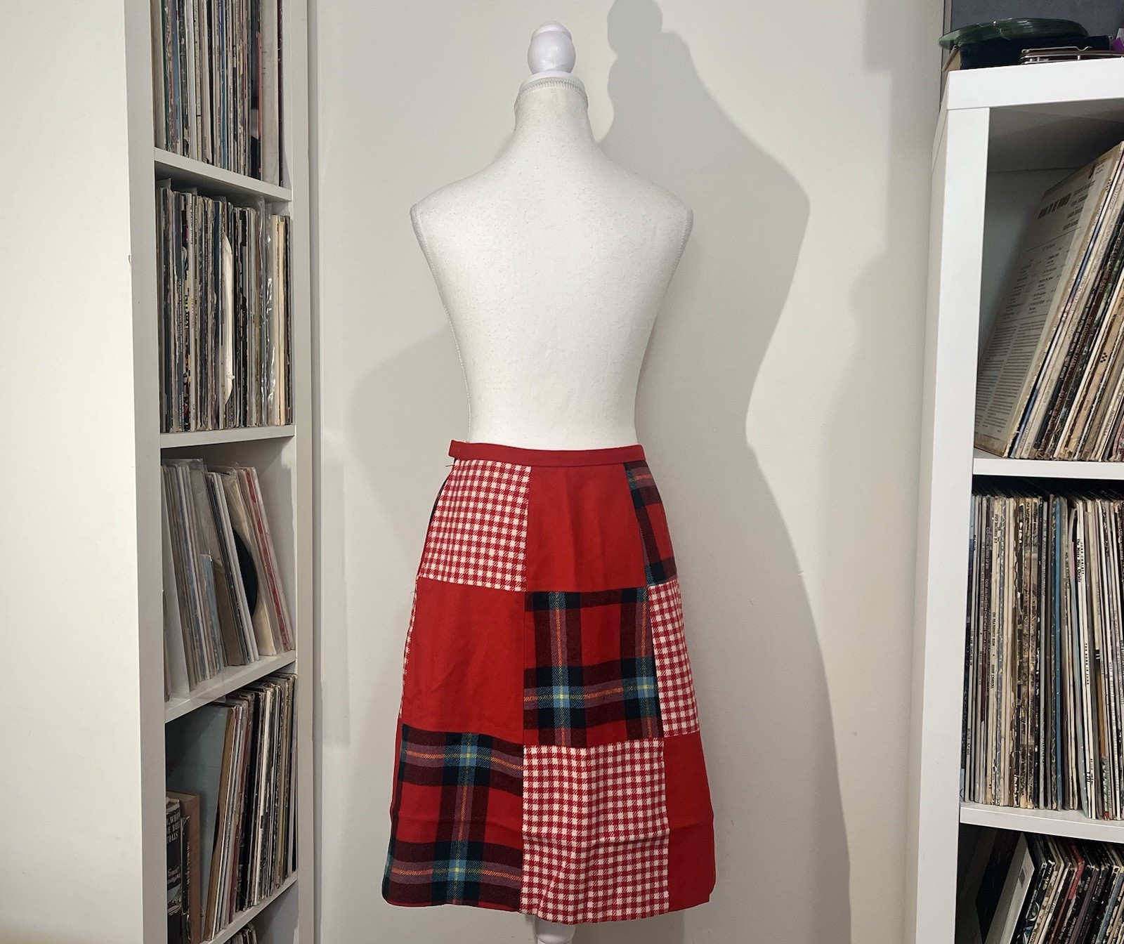 Vintage 70’s Agile Florence Walsh Wool Red Multi Plaid Patchwork Skirt Women’s 4