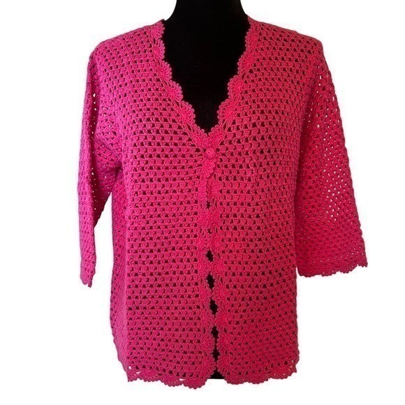 NWT Norm Thompson Raspberry Pink Crochet Open-Front Cardigan Sweater Size Large