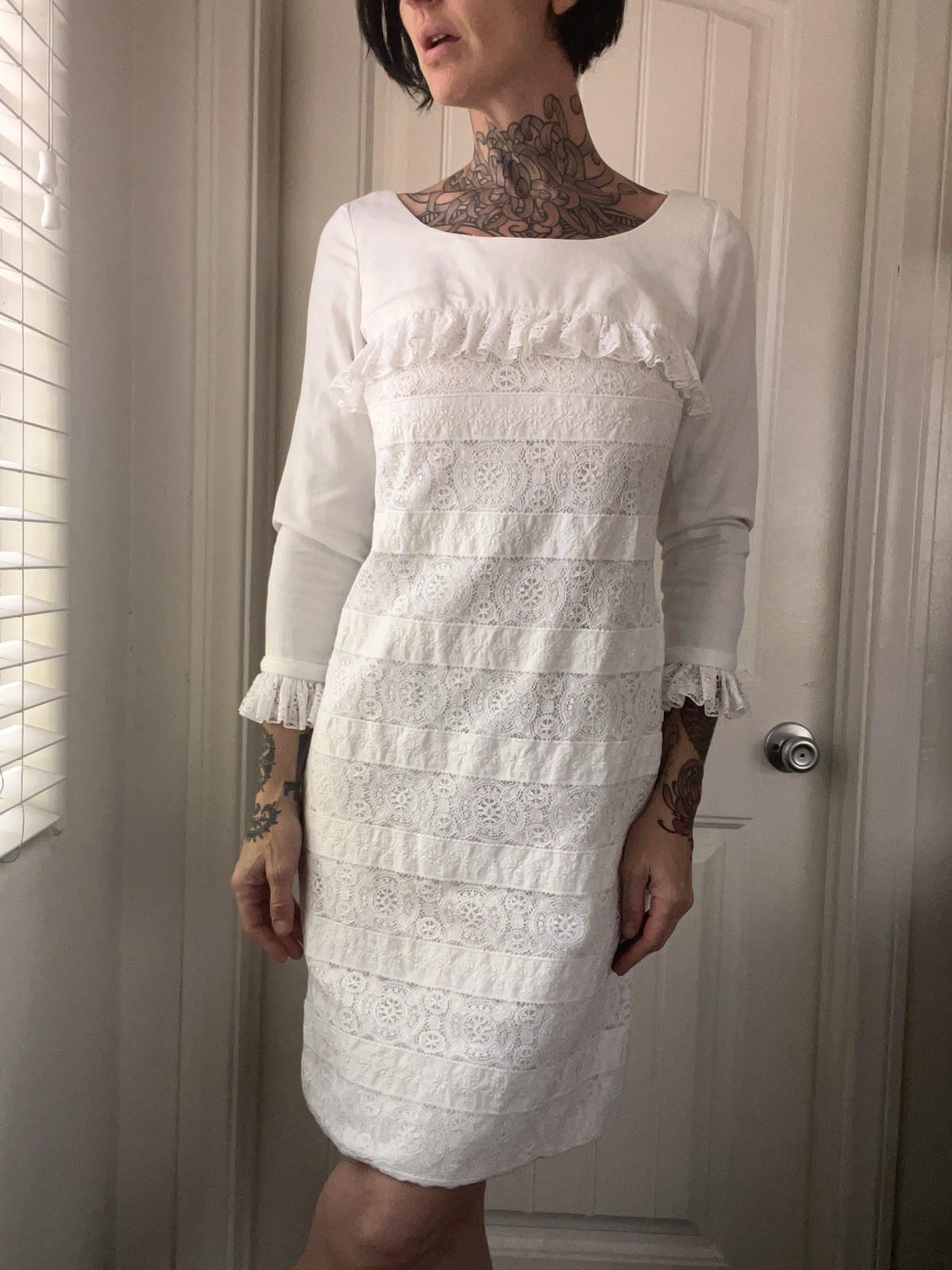 Vtg 60s S. Howard Hirsh California White Scoop Neck Lace Ruffle Day Dress Prep M