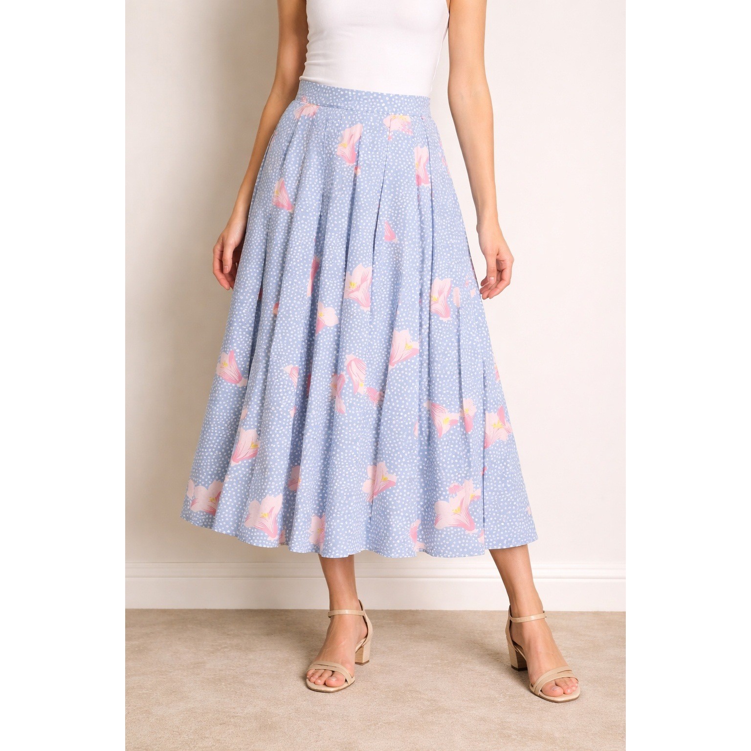 Vintage James Kenrob Pleated Midi Skirt Blue Polka Dot Lily Floral Size 6 USA