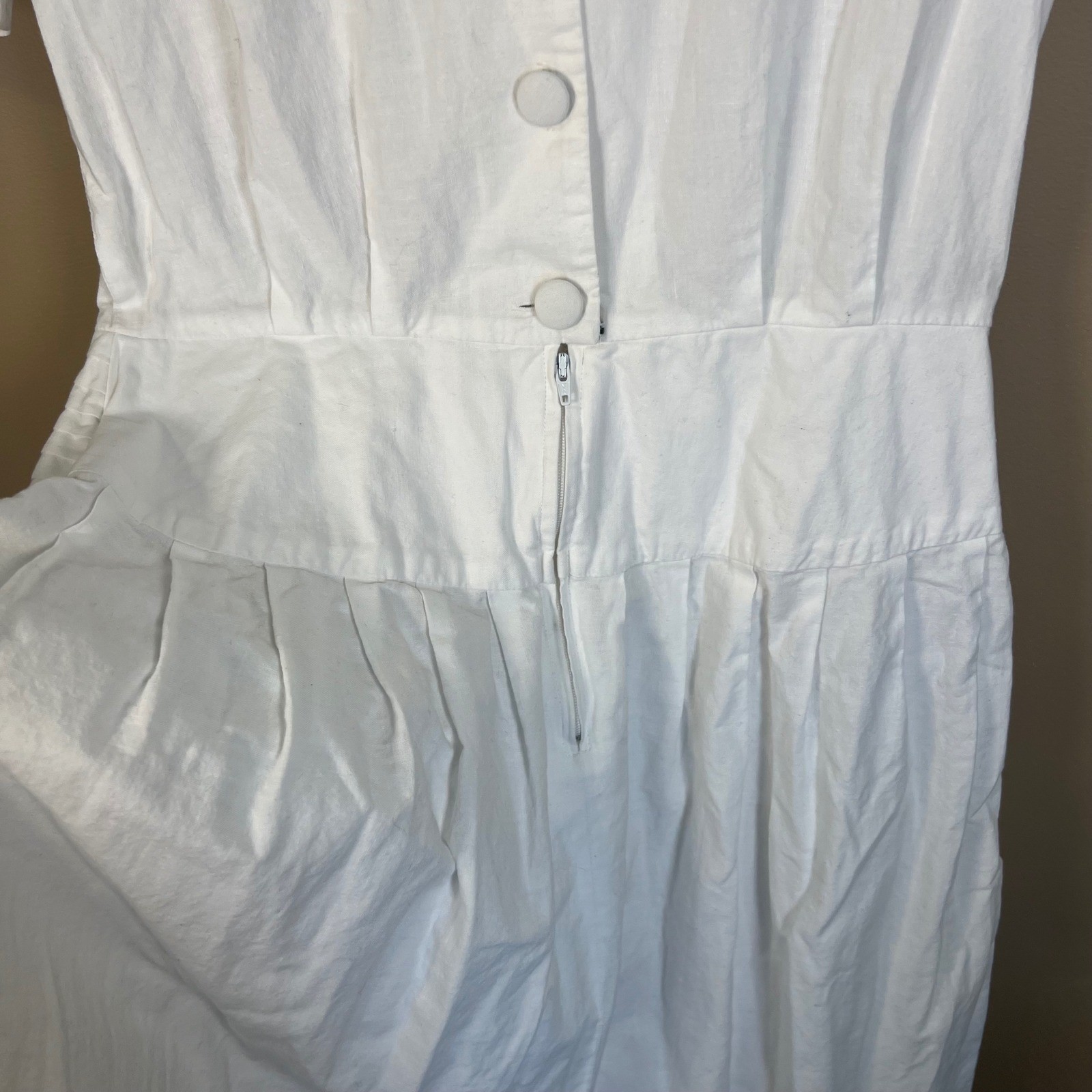 Vintage White Cotton Embroidered Midi Dress Puffed Sleeve Beaded Drop Waist
