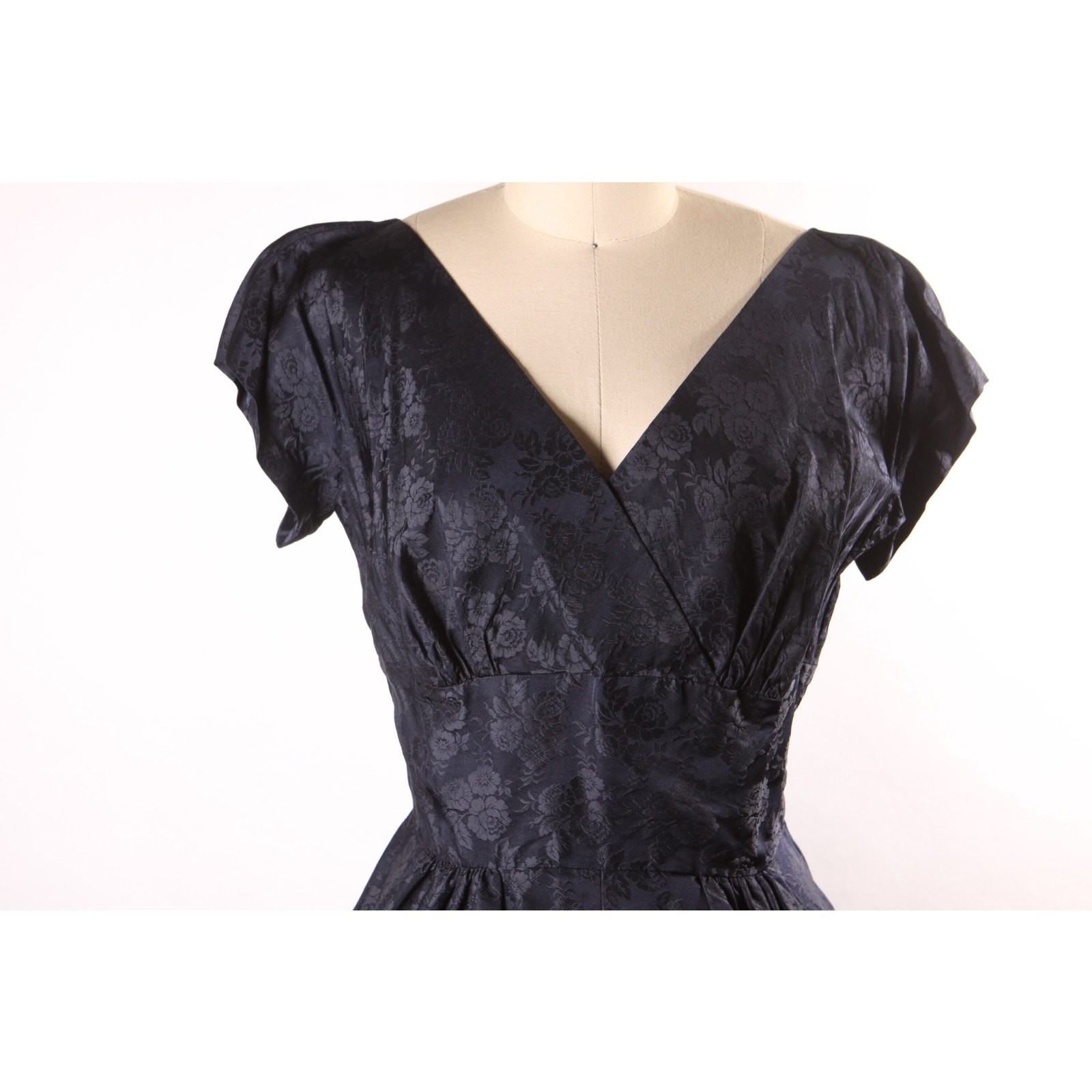 1950s Dark Navy Blue Floral Short Sleeve Dress with Matching Beaded Jacket