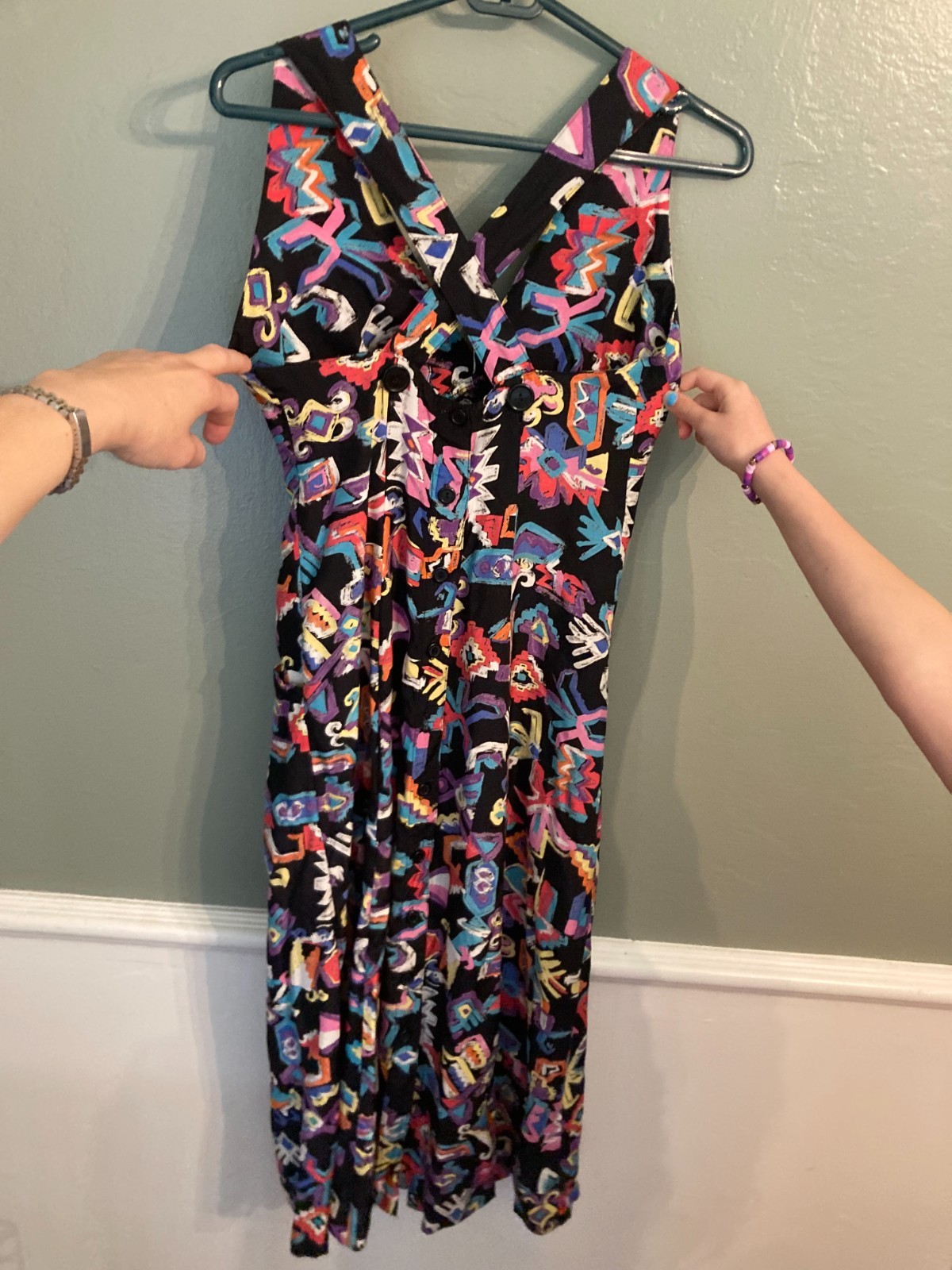 Bold Geometric Vintage Print Cross Back Strap Overall-Type Fitted Bust Dress