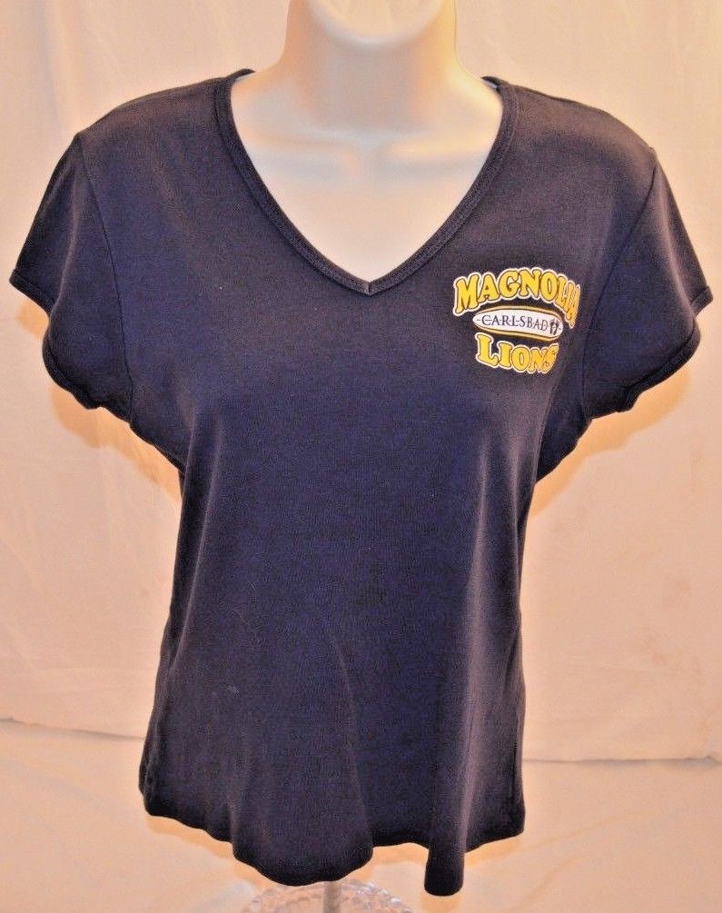 VTG 90s T-Shirt V Neck Magnolia Lions School Retro Black Womans L Made in USA