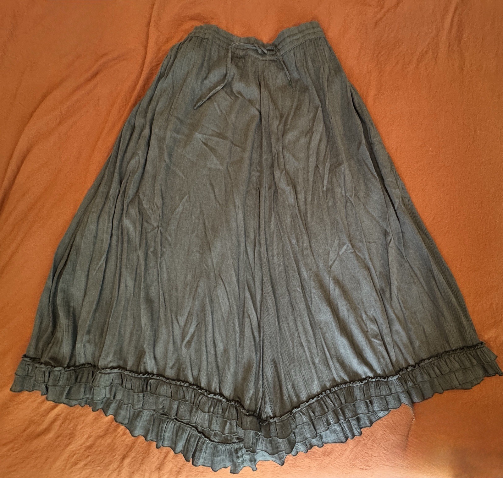 Sz L XL Vintage Olive Green Broom Stick Maxi Skirt Gauze Ruffled Full Peasant