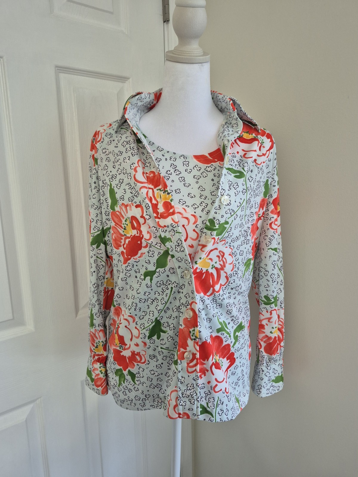 VTG 1970s Bleeker Street 2pc Twin Set Poppy Floral Shirt Tank -M