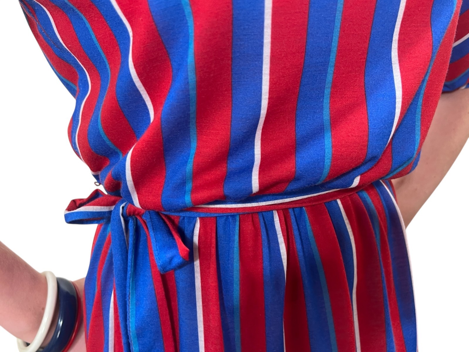 Vtg 70s Dress Sz S/M Soft Stripe Knit Red Blue Belted Puffed Sleeve Miss OOPS CA